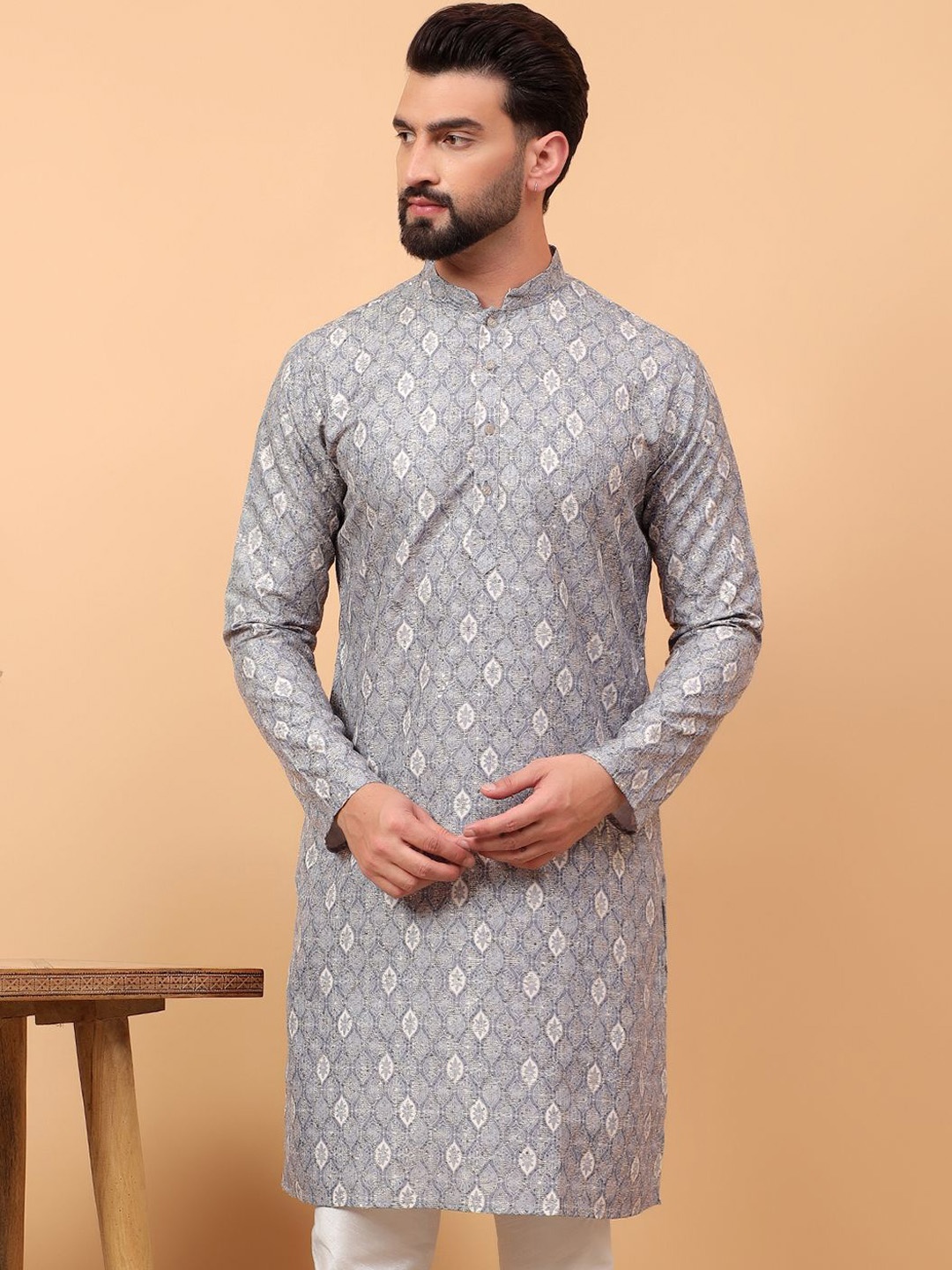 

TREEMODA Men Geometric Kurta, Grey