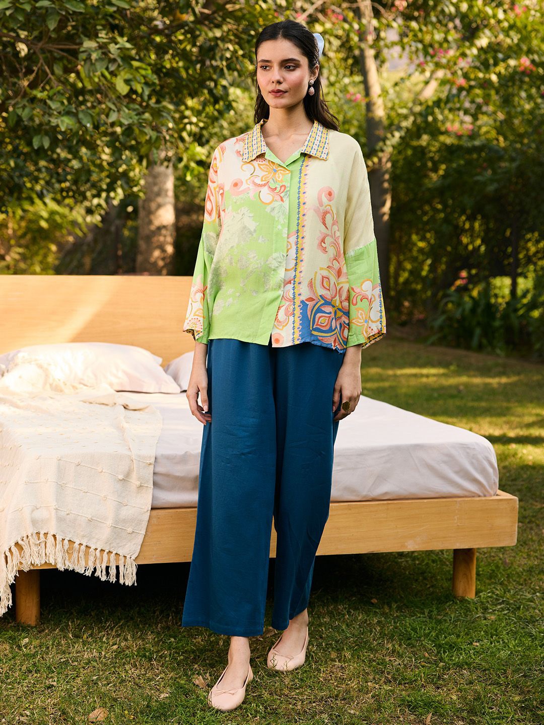 

SAUNDH Floral Print Georgette Top, Green