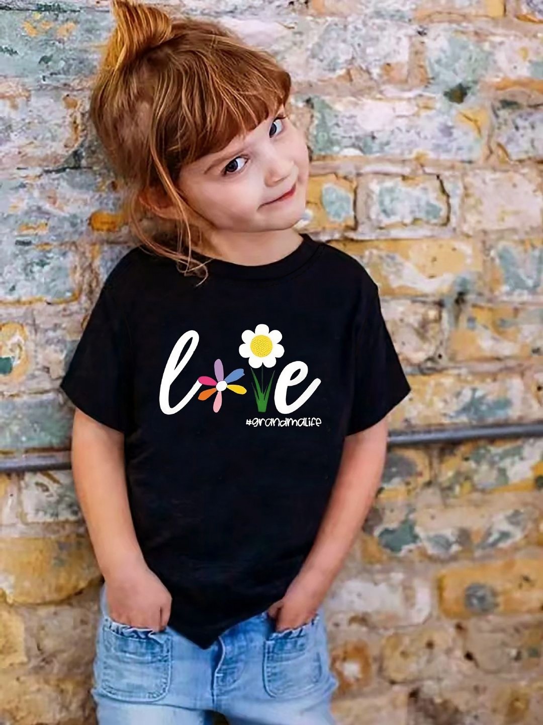 

YK Girls Printed Applique T-shirt, Black
