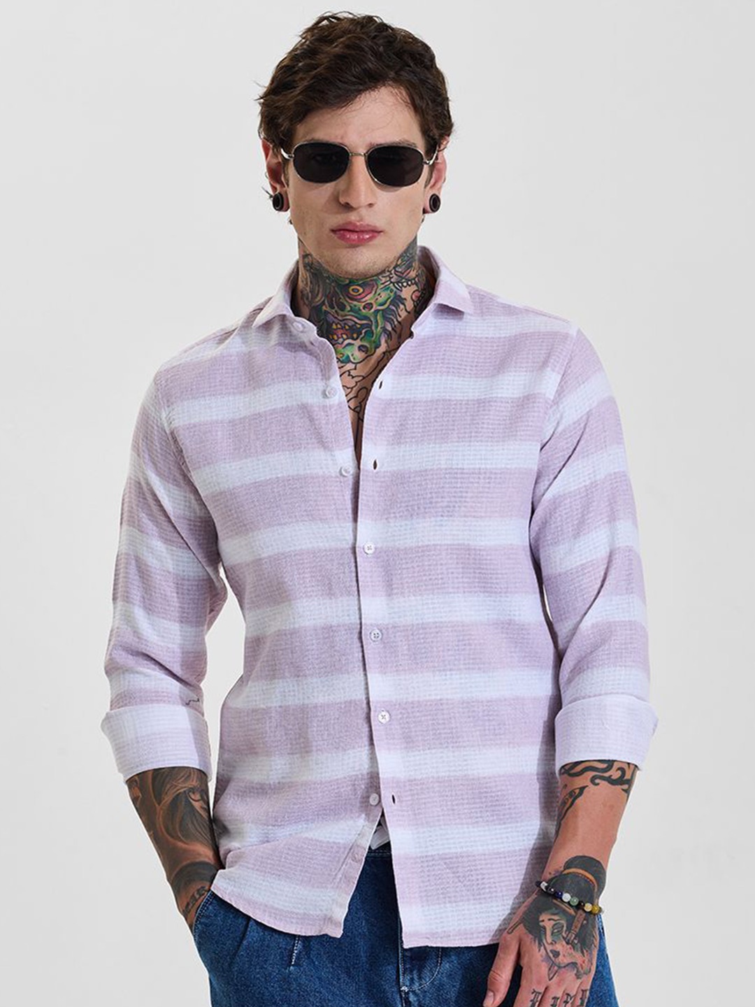 

Snitch Men Slim Fit Multi Stripes Opaque Striped Casual Shirt, Lavender