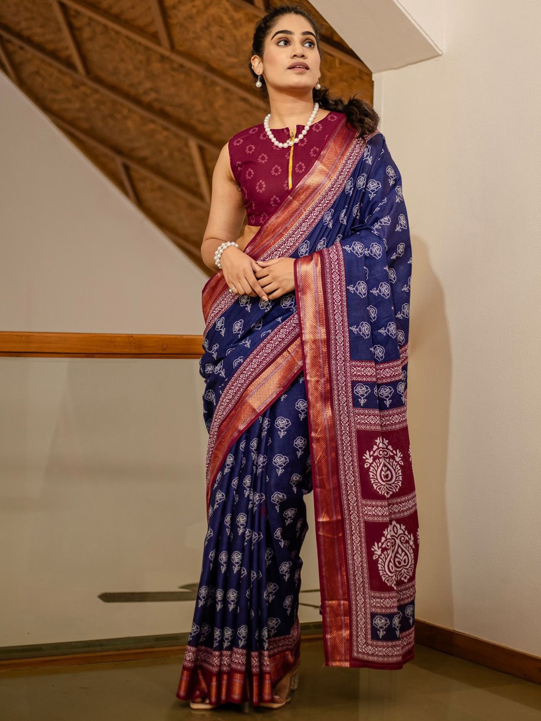 

KALINI Ethnic Motifs Zari Bagh Saree, Navy blue