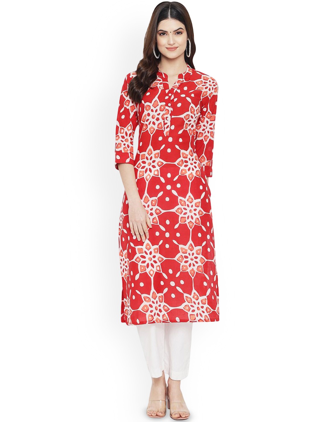 

Moda Rapido Geometric Printed Mandarin Collar Straight Kurta, Red