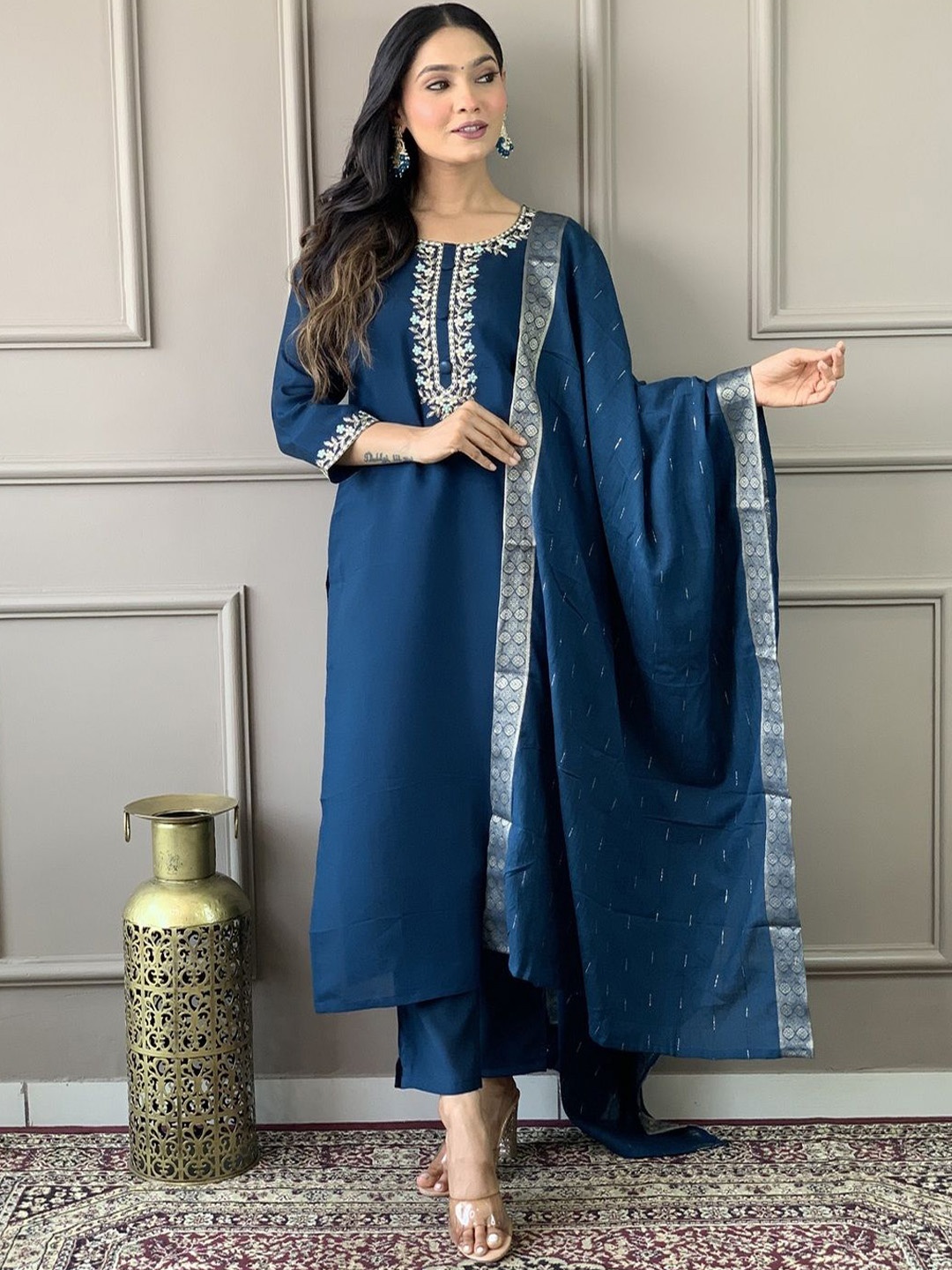 

SHIJILA Women Floral Embroidered Regular Kurta with Trousers & With Dupatta, Navy blue