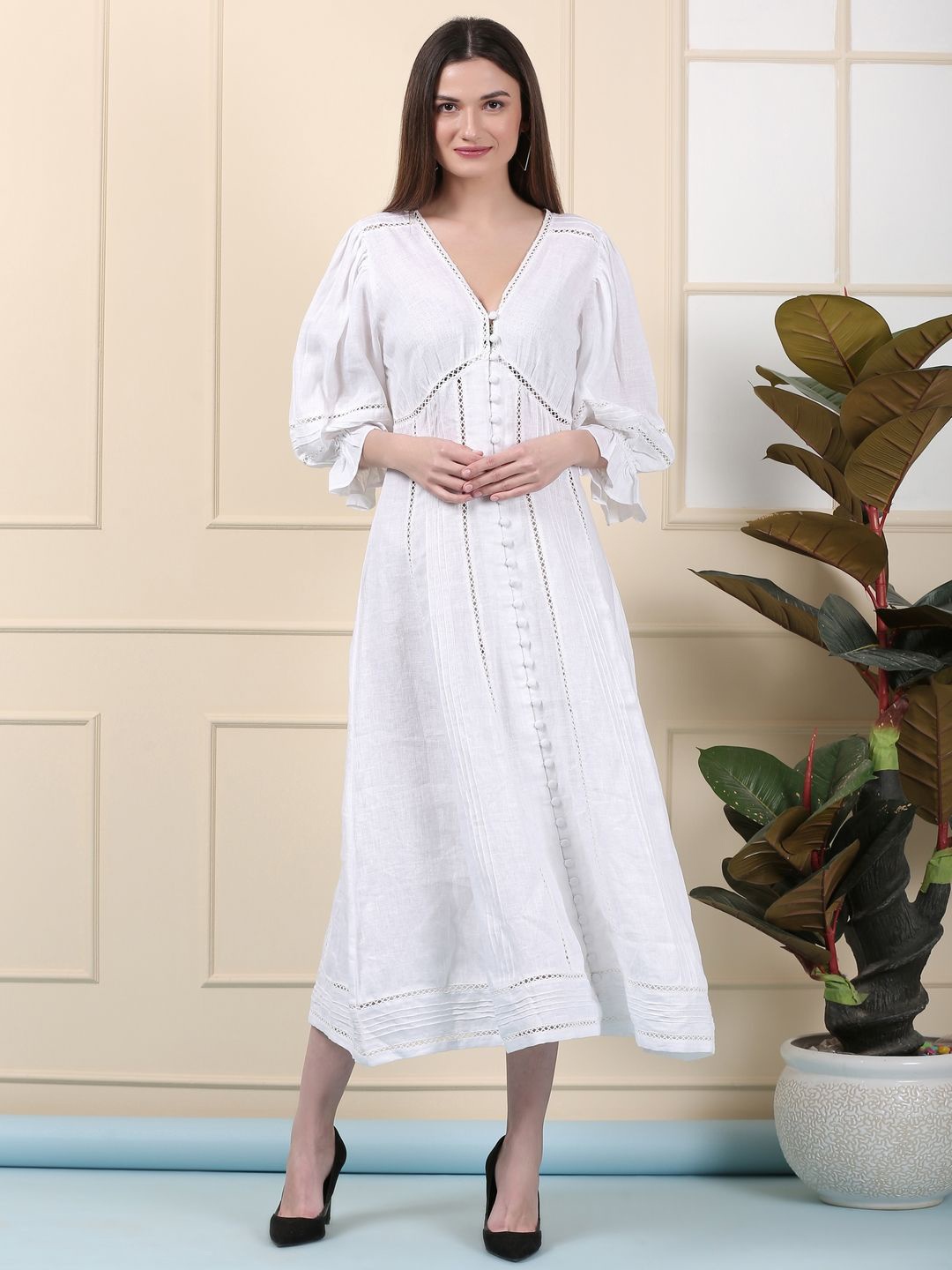 

ECO LEAS BY SHIPRA Puff Sleeve Linen A-Line Midi Dress, White