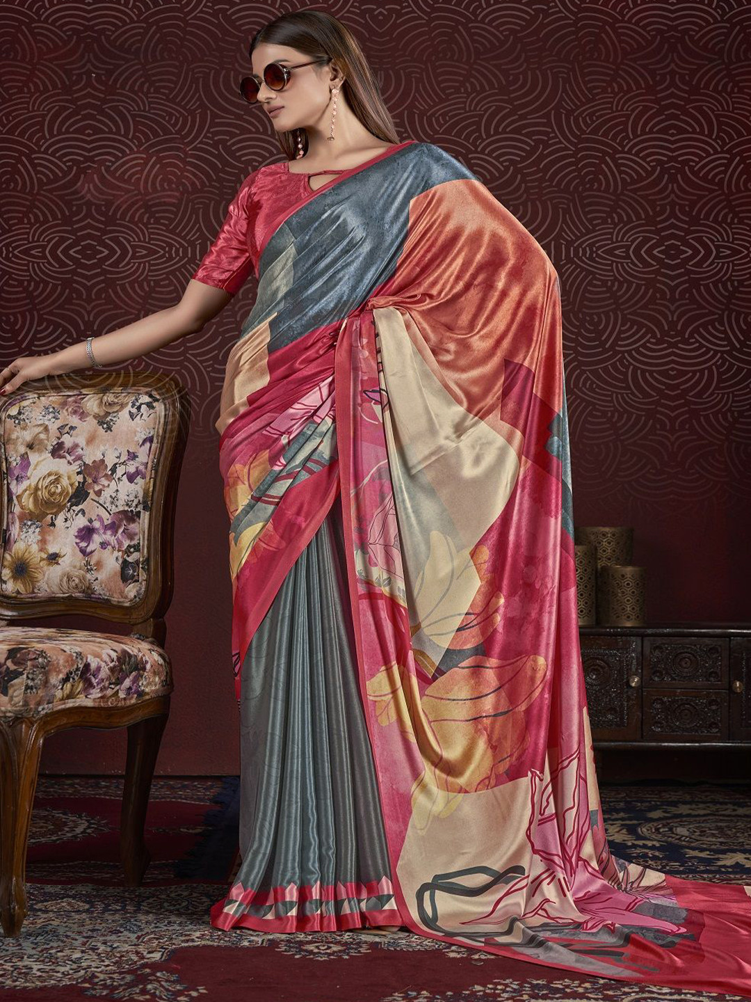 

Suha Poly Crepe Saree, Red
