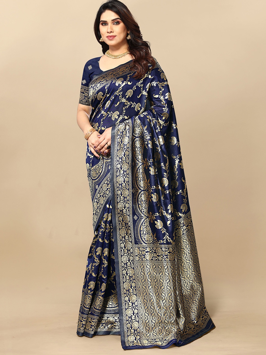 

Moda Rapido Woven Design Zari Silk Blend Banarasi Saree, Navy blue