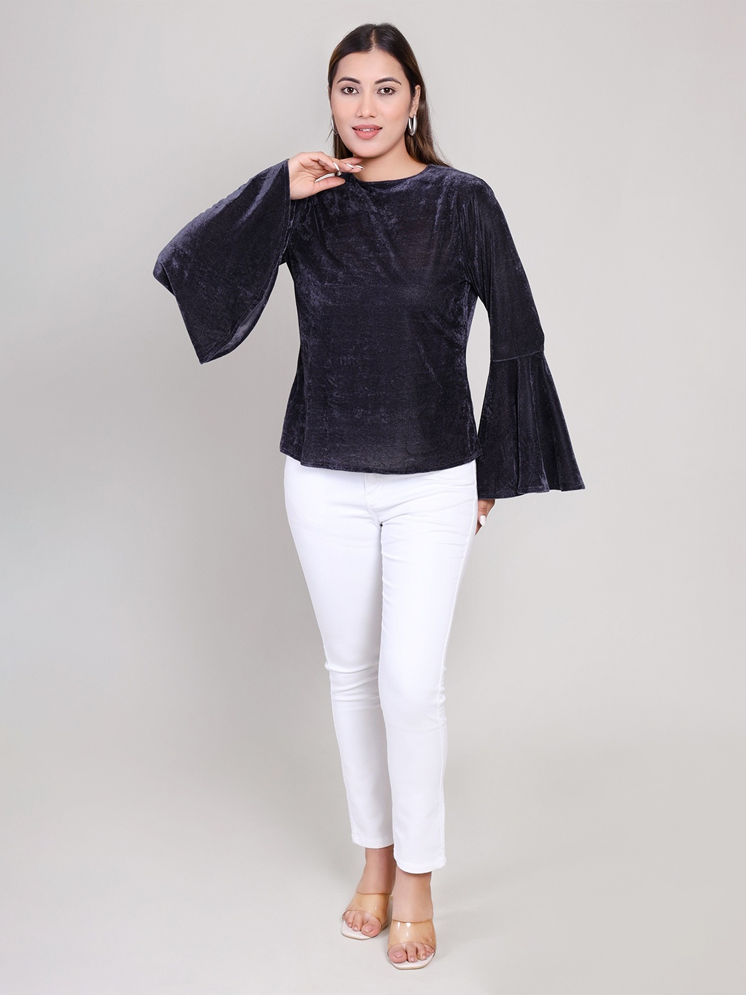 

DELIS Bell Sleeve Monochrome Velvet Top, Grey