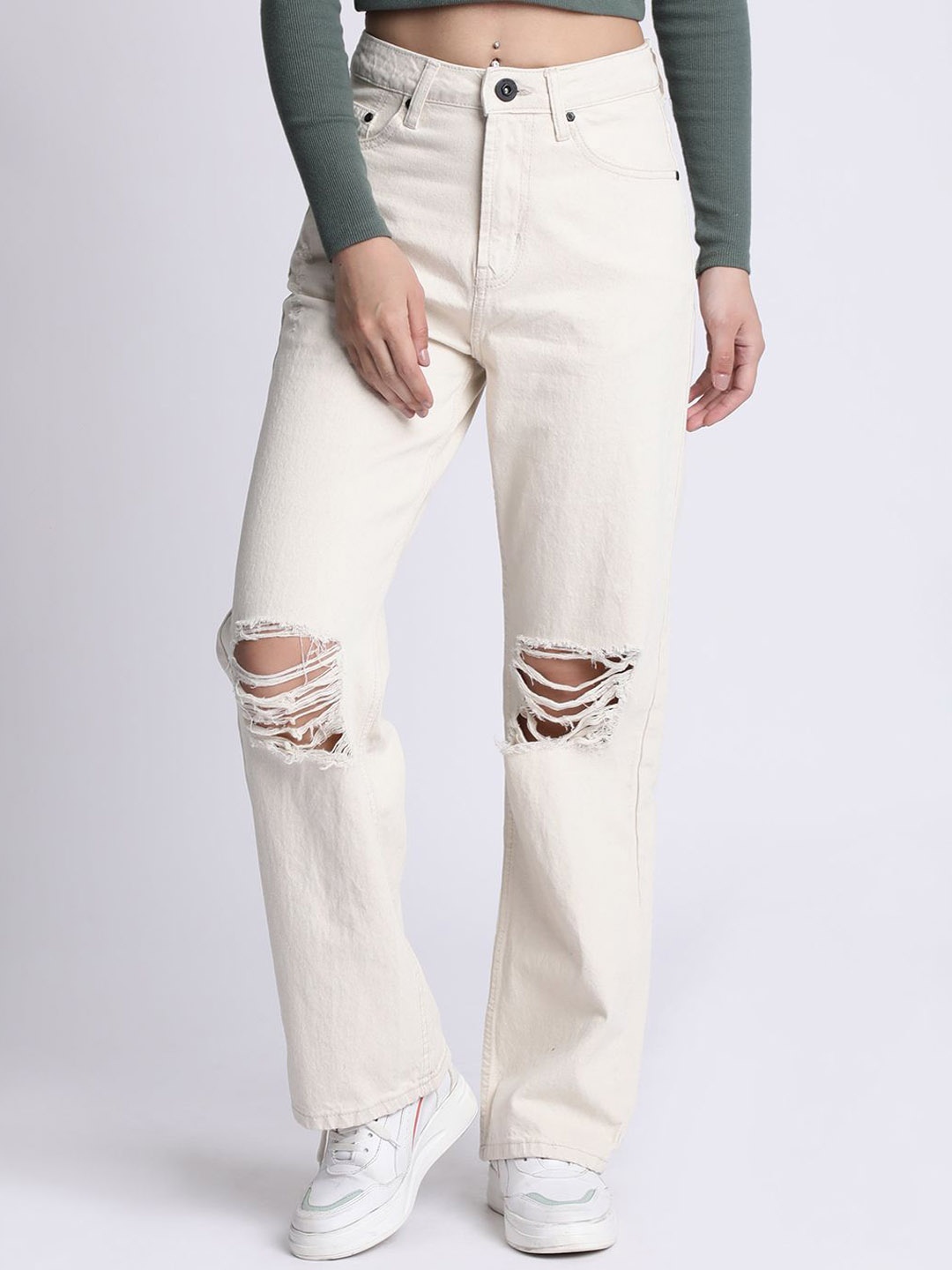 

The Roadster Lifestyle Co Straight Fit Knee Slash Jeans, Cream