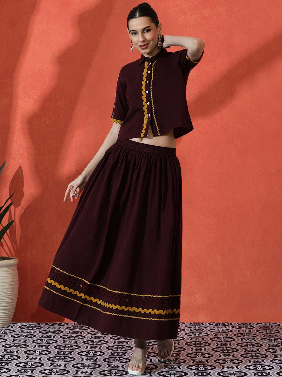 

Sangria Embroidered Pure Cotton Top & Skirt Co-Ords, Maroon
