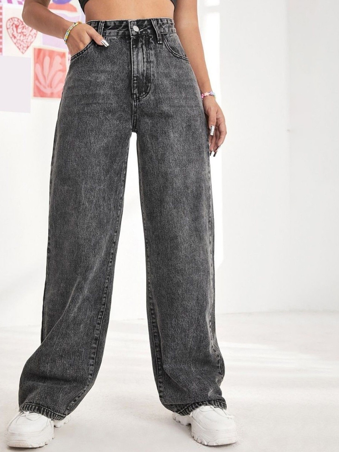 

BAESD Women Comfort Wide Leg Light Fade Stretchable Jeans, Grey