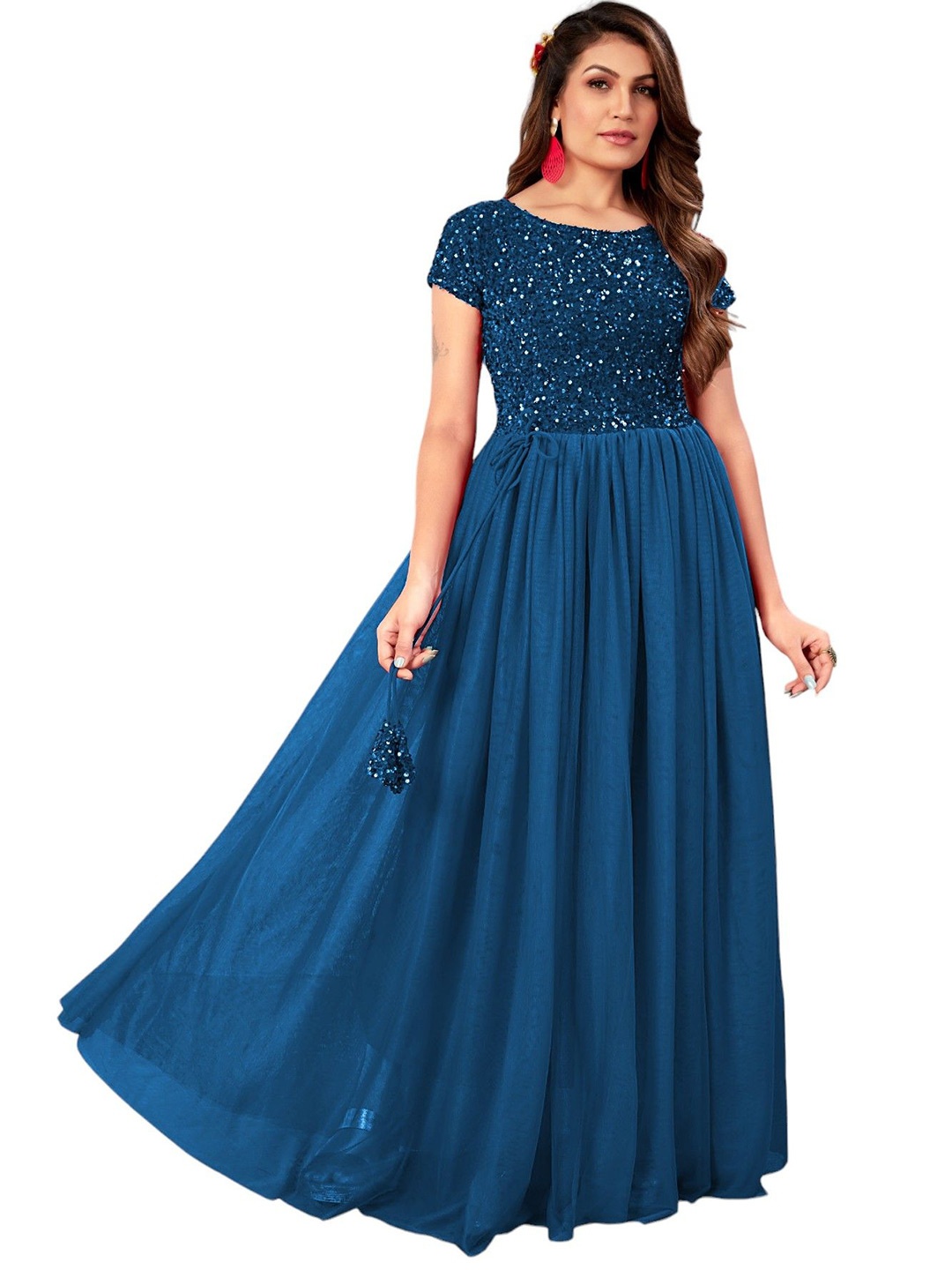 

RebikaTrendz Embellished Velvet Fit & Flare Maxi Dress, Blue