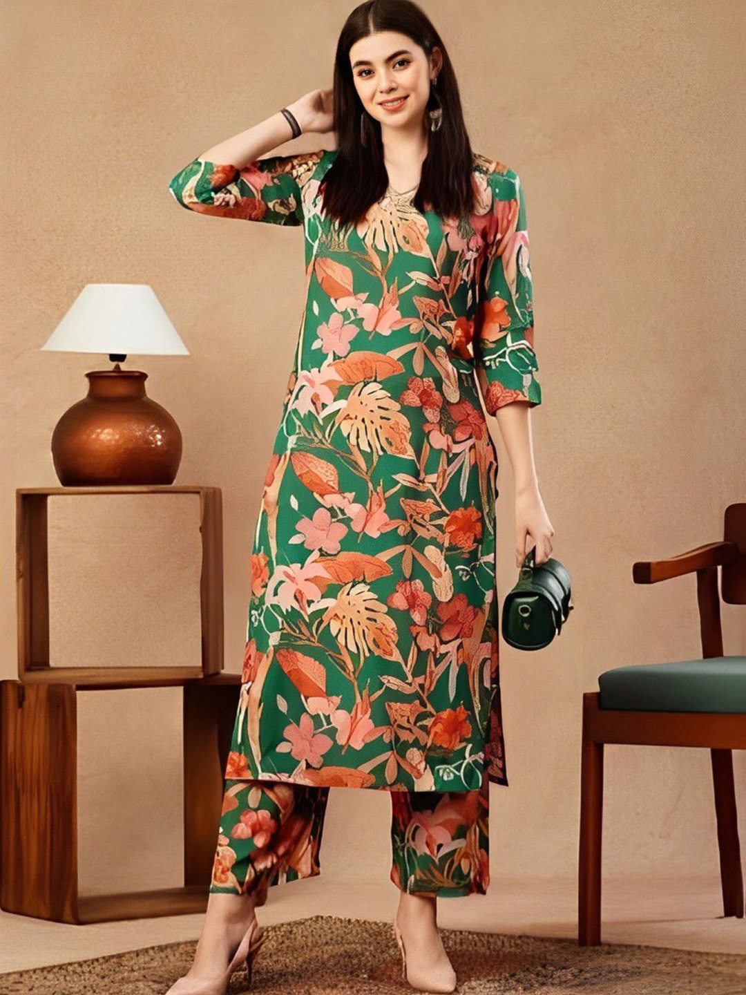 

Moda Rapido Women Floral Printed Regular Pure Cotton Kurta with Trousers, Green