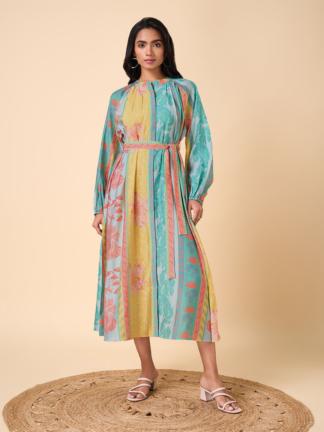 

Marigold Lane Ethnic Motifs Print A-Line Midi Dress, Turquoise blue