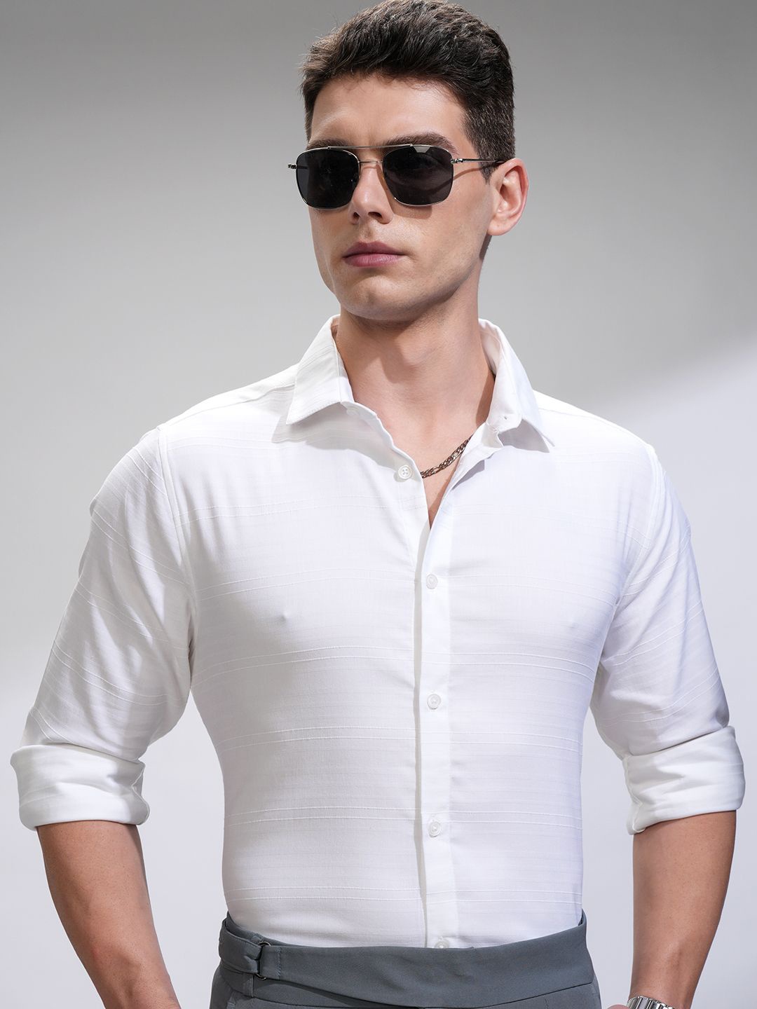 

HIGHLANDER Men Comfort Slim Fit Opaque Casual Shirt, White