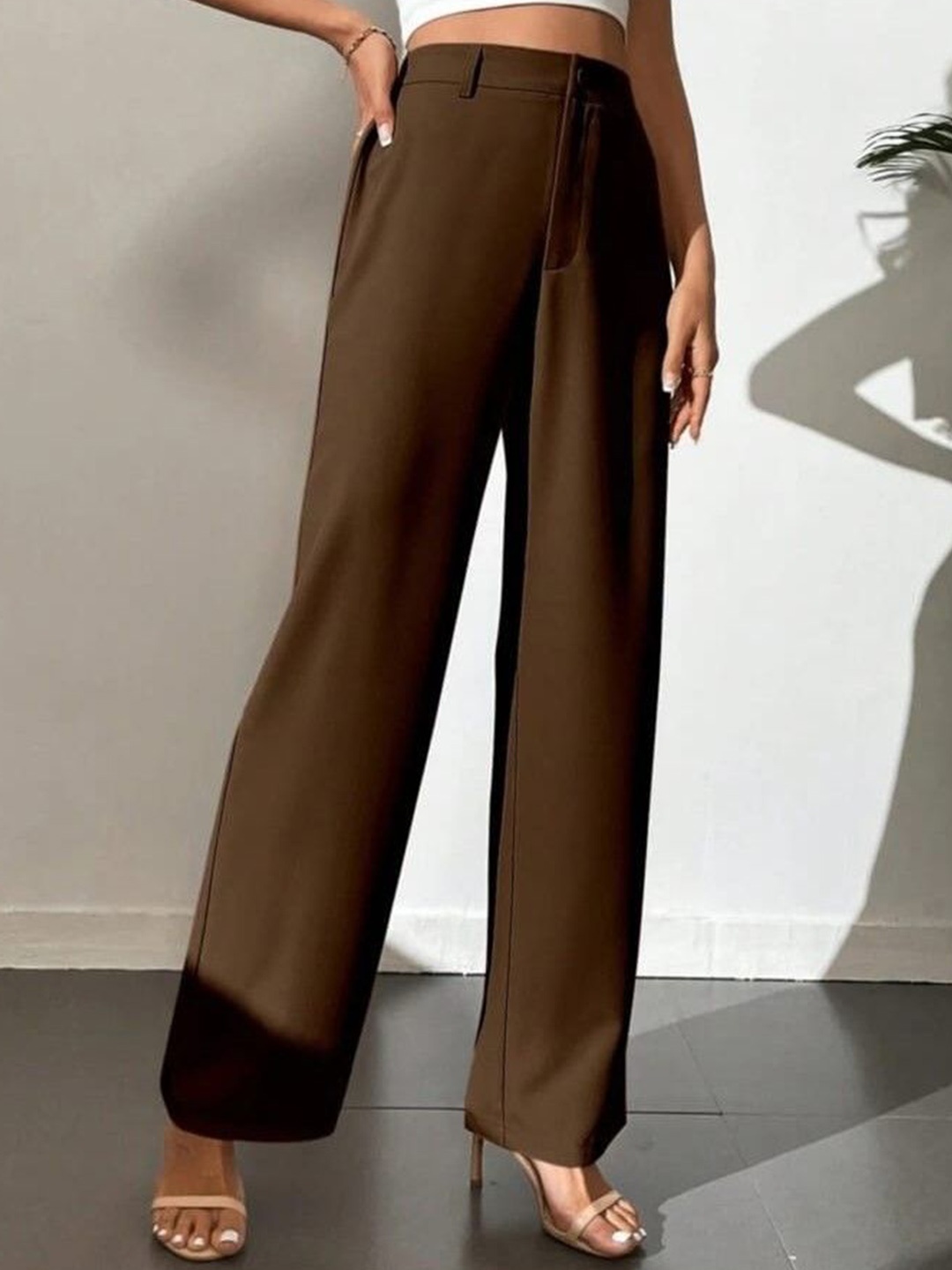 

BROADSTAR Women Smart Straight Fit High-Rise Easy Wash Trousers, Brown