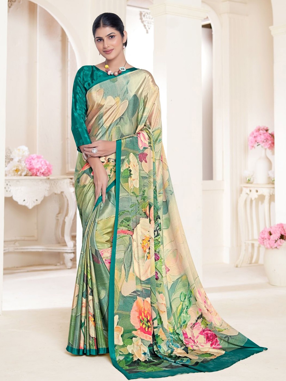 

Suha Floral Poly Crepe Saree, Green