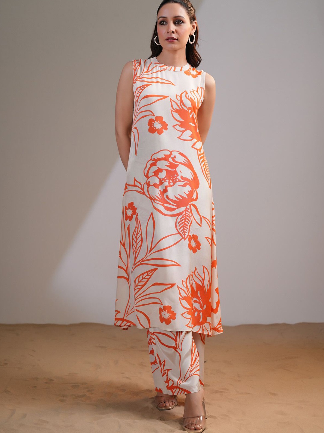 

JISORA Women's Printed Russian Silk Co-ord, Orange