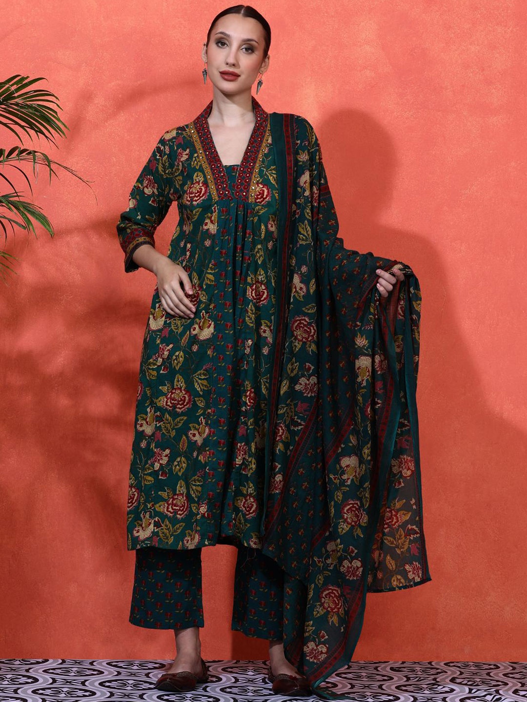 

Sangria Floral Embroidered Pure Cotton A-Line Kurta With Palazzo & Dupatta, Green