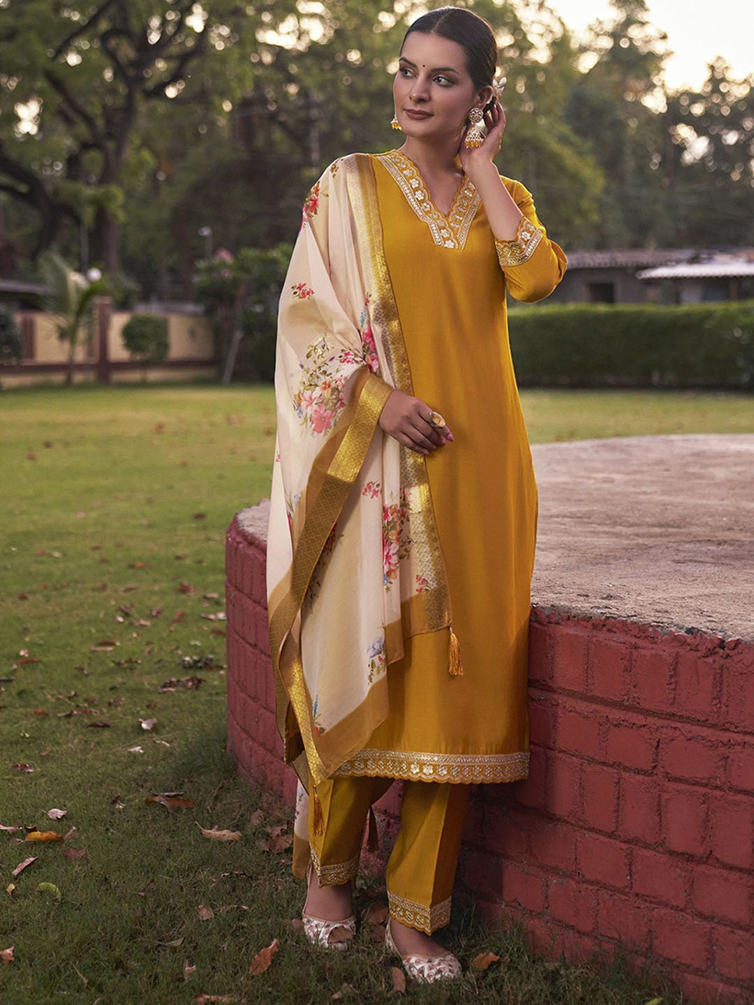 

Colors of Earth Women Embroidered Regular Kurta with Trousers & With Dupatta, Yellow