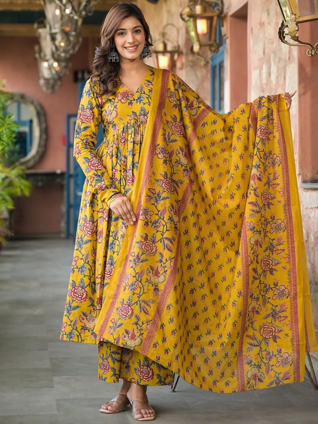 

Moda Rapido Floral Printed V-Neck Empire Anarkali Kurta With Trousers & Dupatta, Yellow