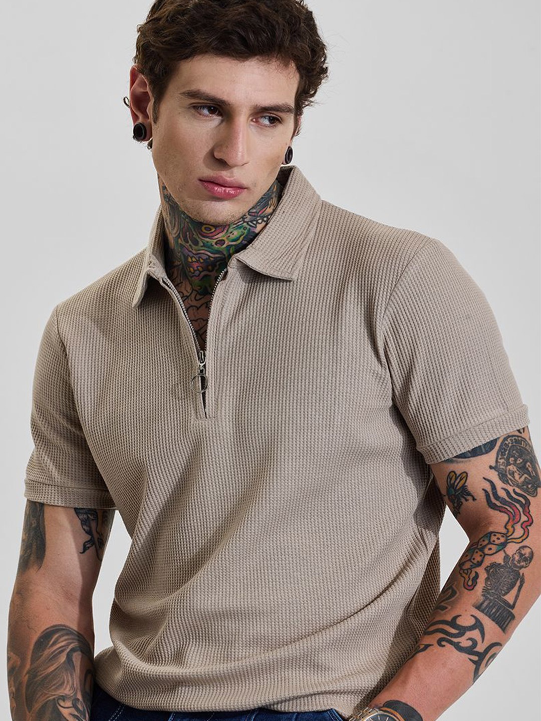 

Snitch Men Polo Collar Slim Fit T-shirt, Beige