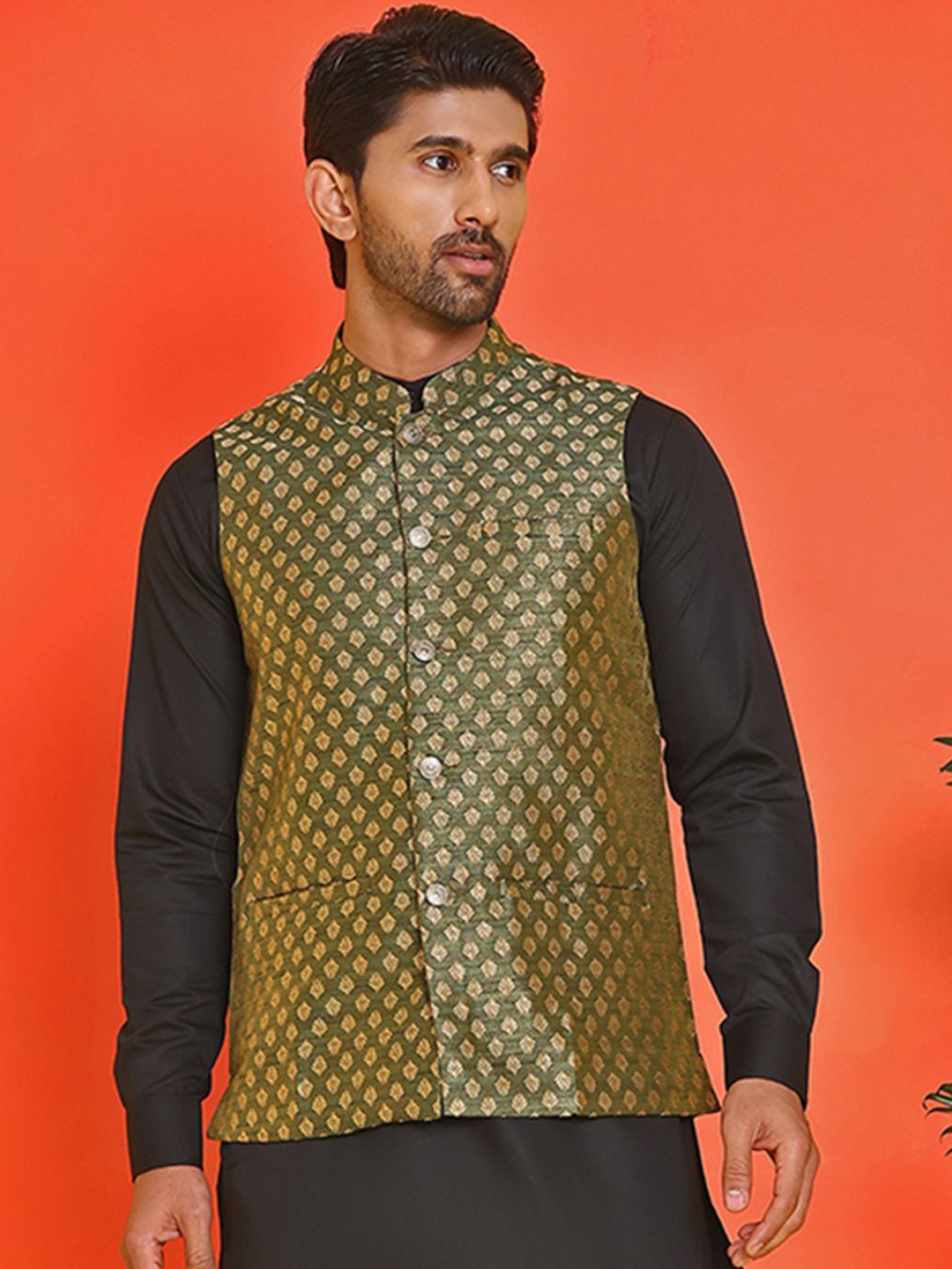 

Anouk Printed Woven Nehru Jacket, Olive