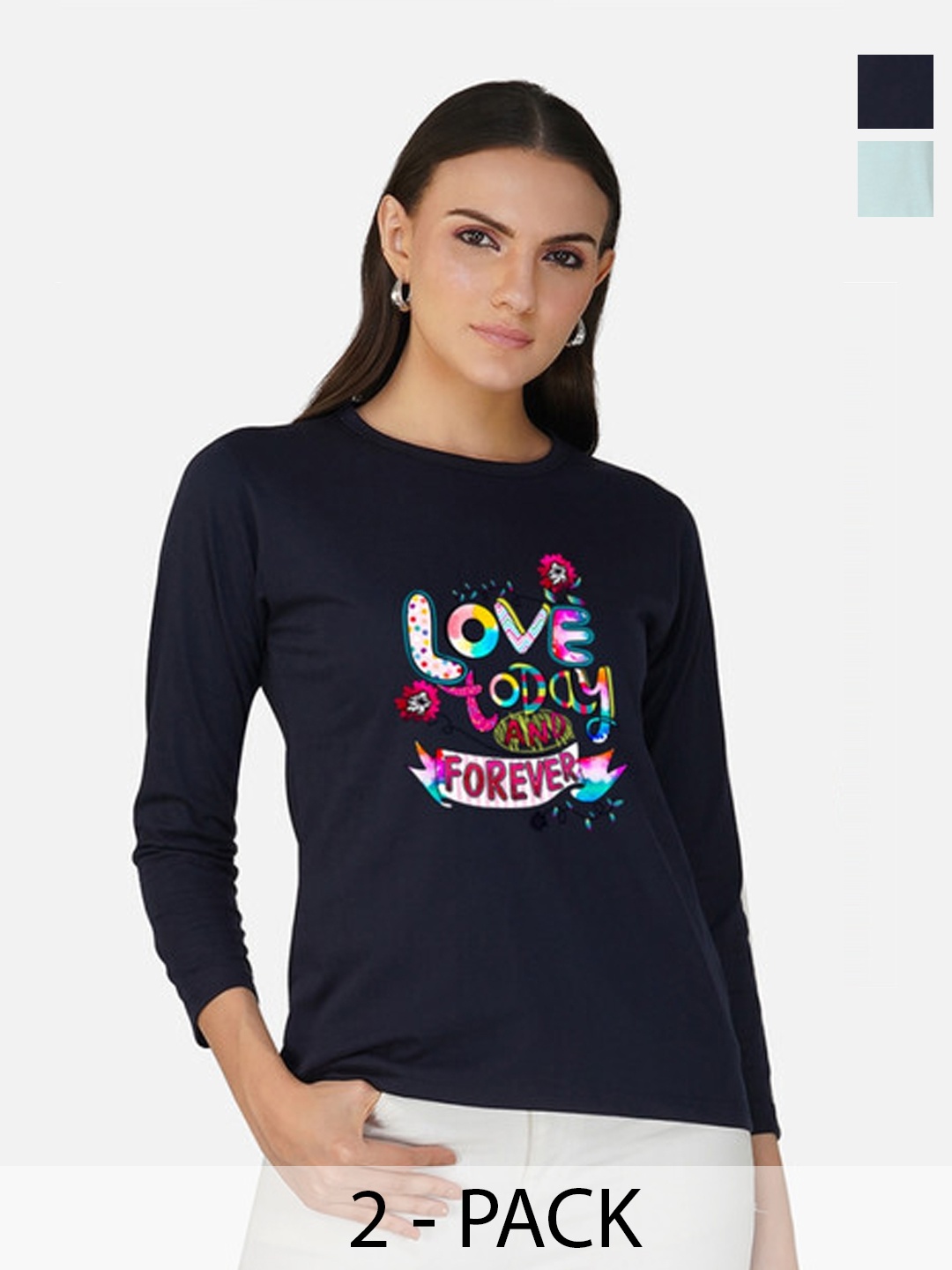 

Metronaut Women 2 Printed Bio Finish Applique T-shirt, Navy blue
