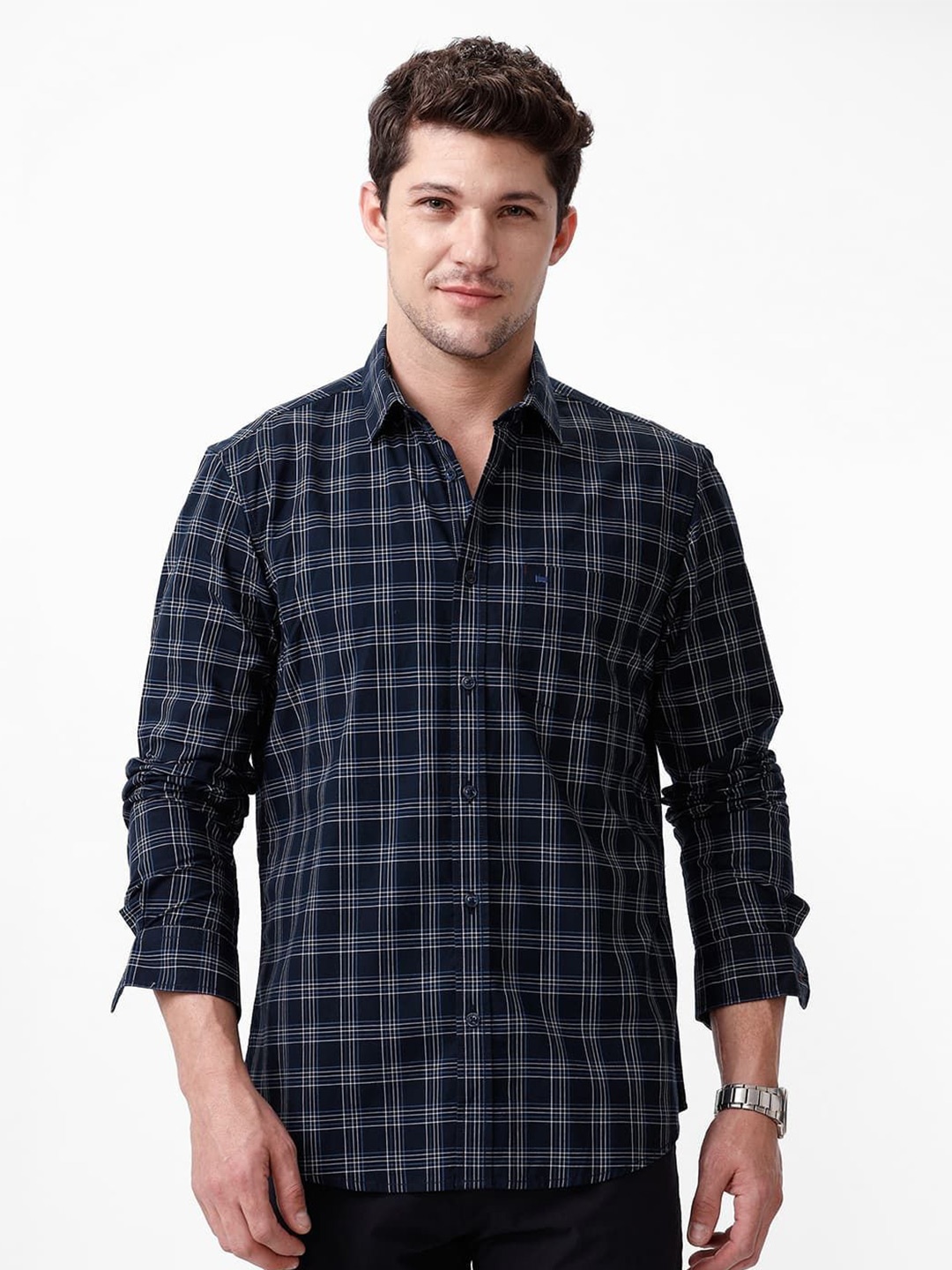 

Basics Men Slim Fit Tartan Checks Opaque Checked Casual Shirt, Navy blue
