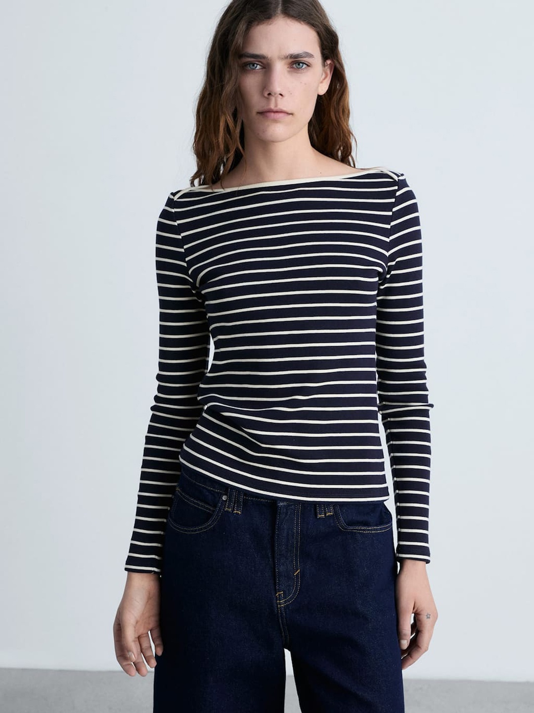 

MANGO Women Striped Pure Cotton T-shirt, Black