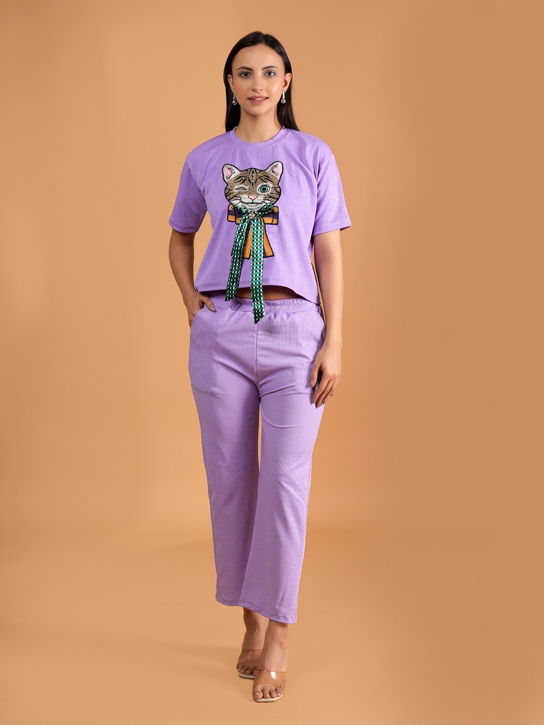 

Belfry Printed Round Neck T-Shirt & Trousers Co-Ords, Purple