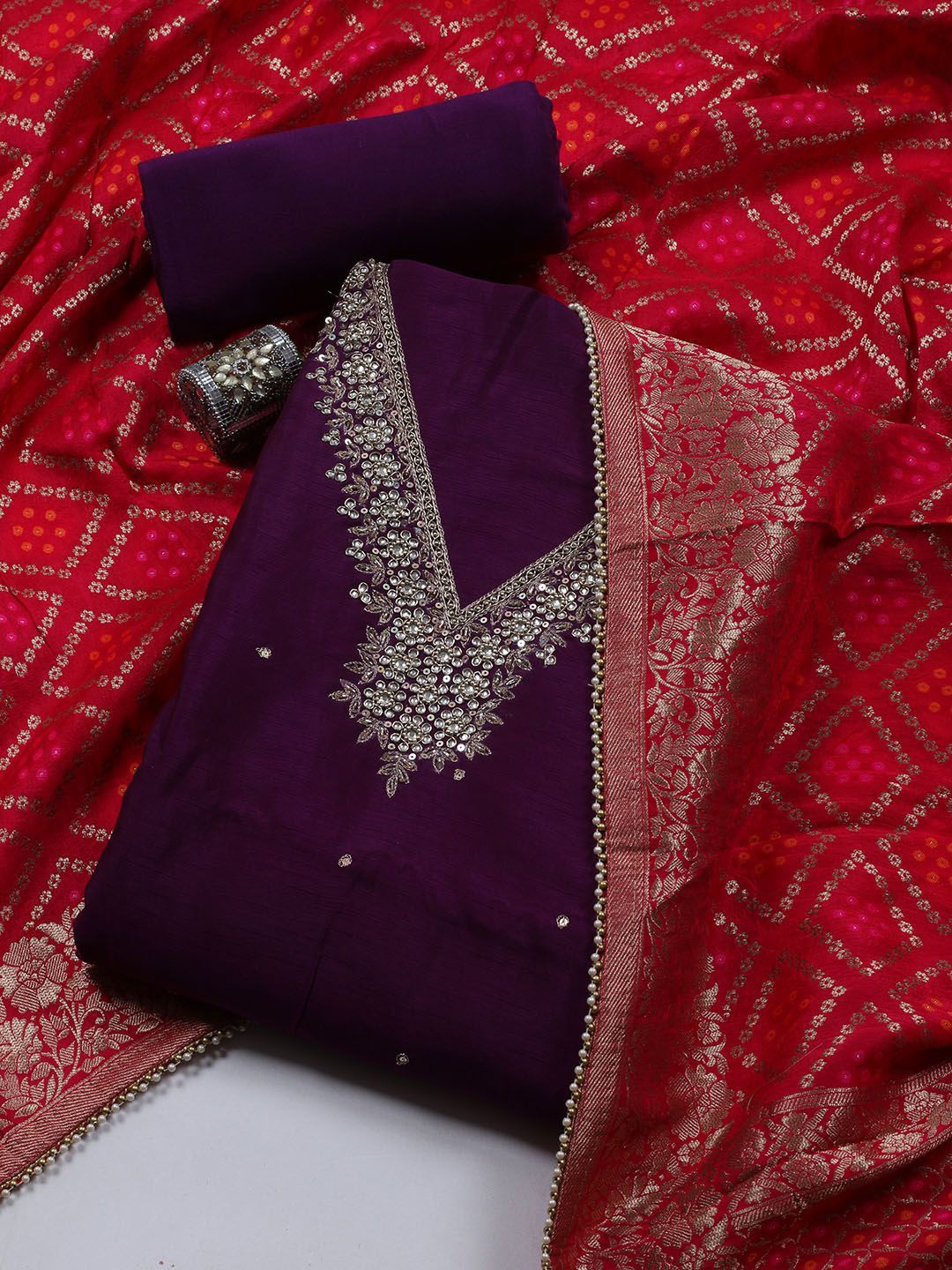 

Meena Bazaar Embroidered Art Silk Unstitched Dress Material, Purple