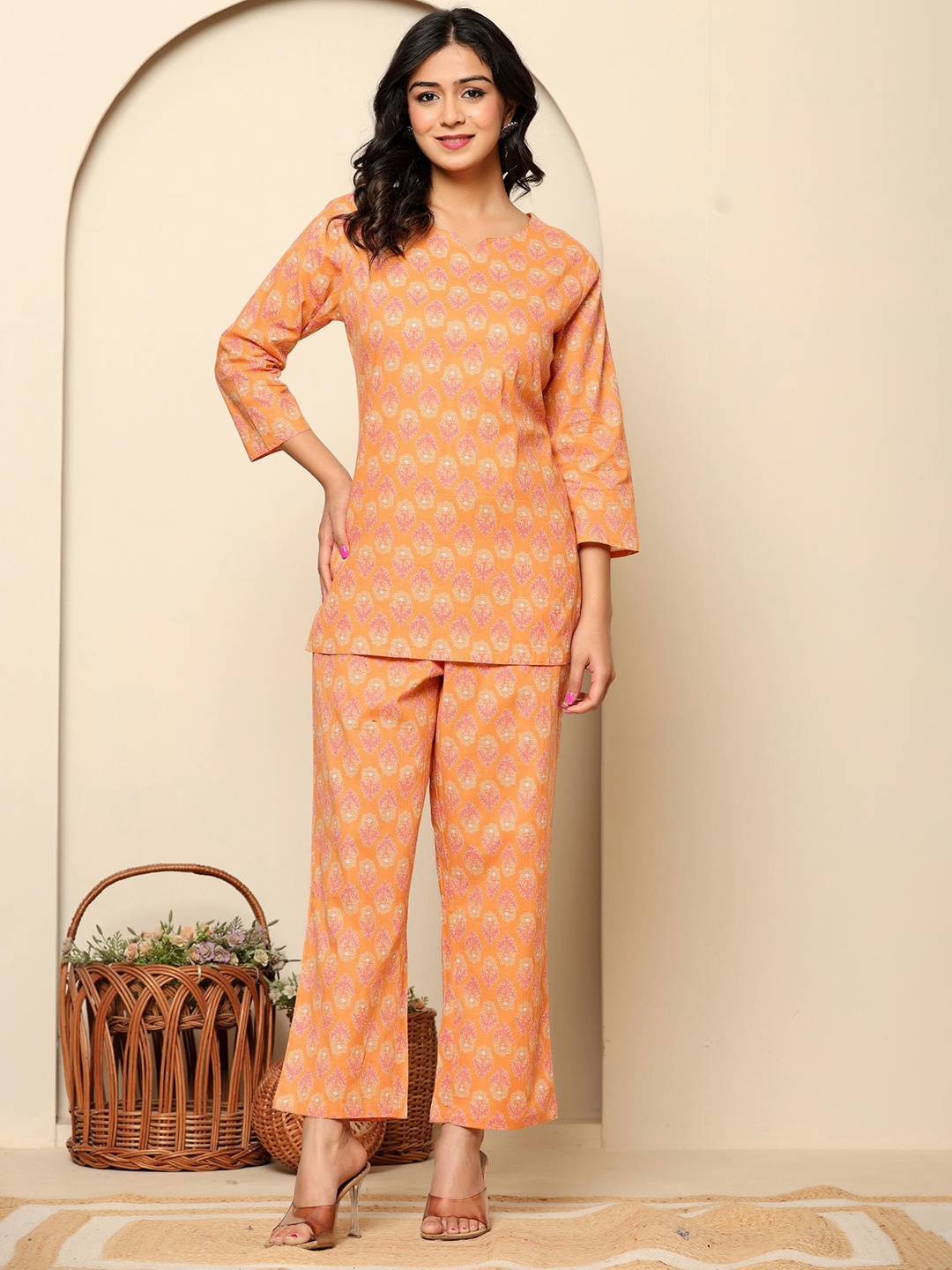 

Ragavi Printed Pure Cotton Tunic With Trouser Co-Ords, Peach