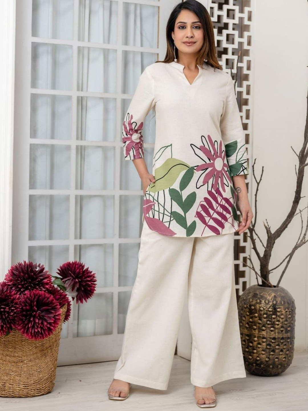 

Atha Fashion Women Floral Printed Regular Pure Cotton Kurti with Palazzos, Off white