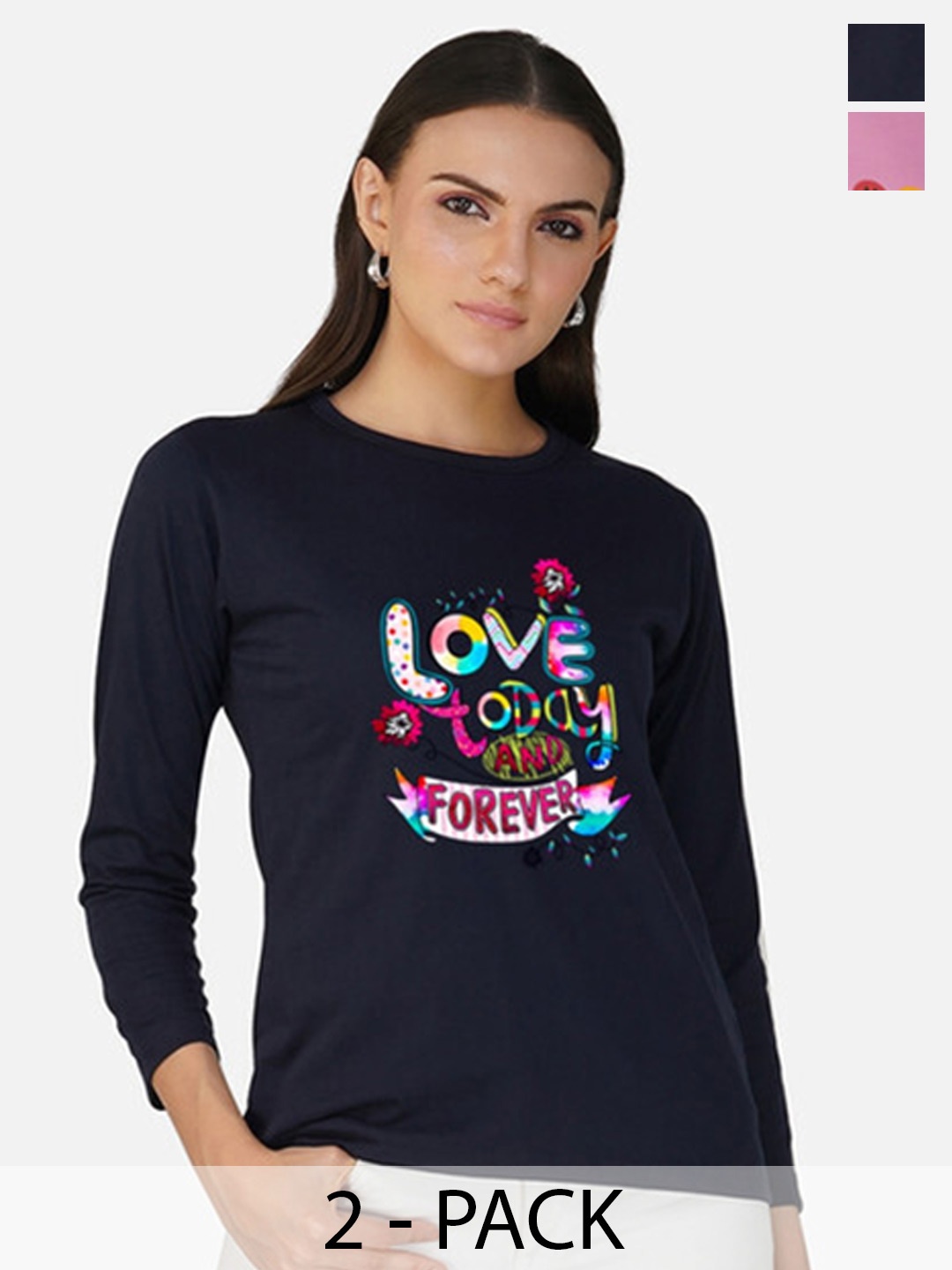

Metronaut Women 2 Printed Bio Finish Applique T-shirt, Navy blue