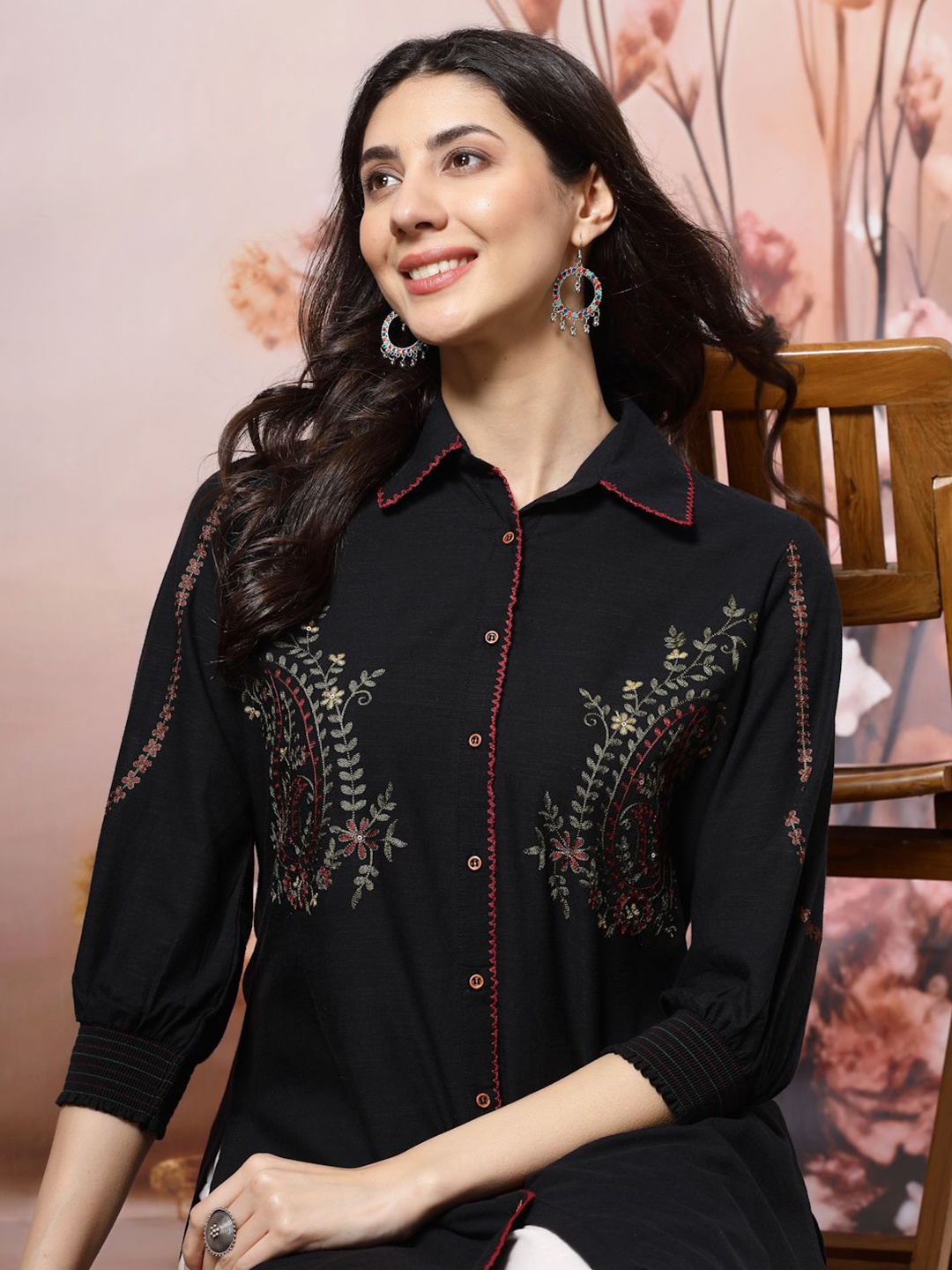 

Nayam By Lakshita Paisley Embroidered Shirt Collar Thread Work Thread Work Kurti, Black