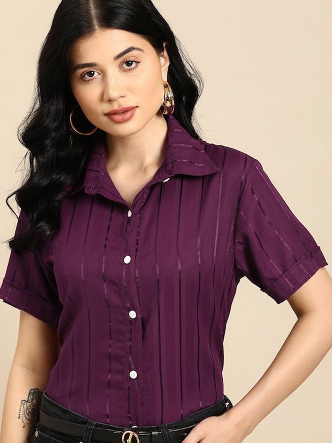 

DressBerry Women Opaque Striped Casual Shirt, Burgundy