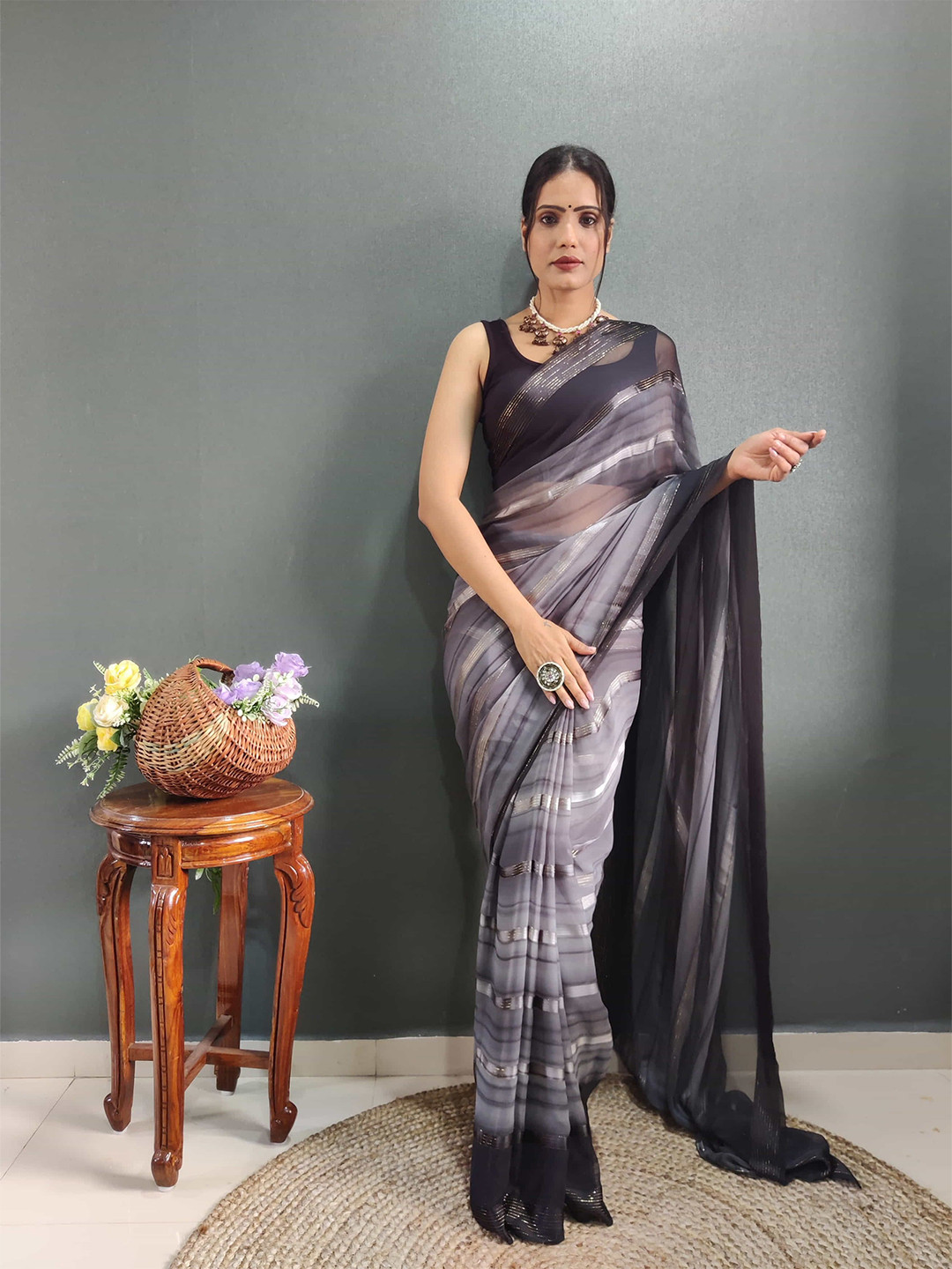 

HERE&NOW Striped Pure Chiffon Jamdani Saree, Grey