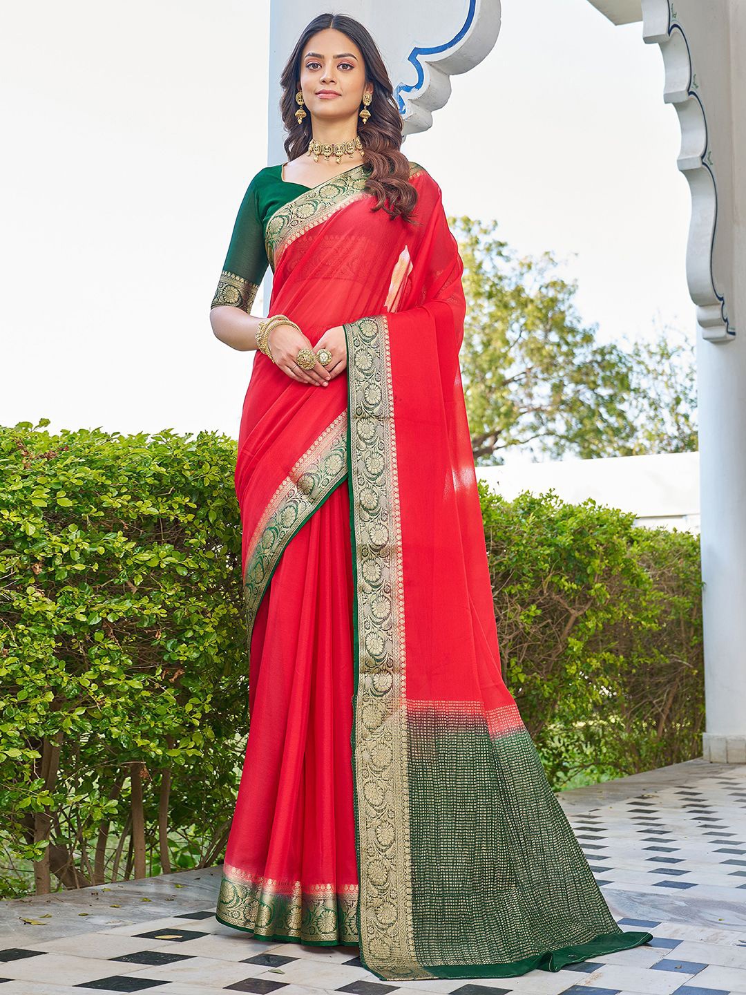 

all about you Woven Design Zari Silk Blend Patola Saree, Red