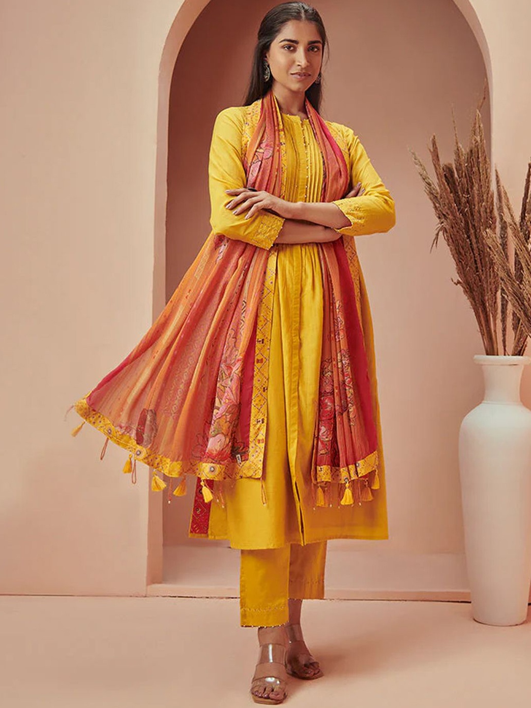 

SAUNDH Mandarin Collar Raw Silk A-Line Kurta With Trousers & Dupatta, Yellow