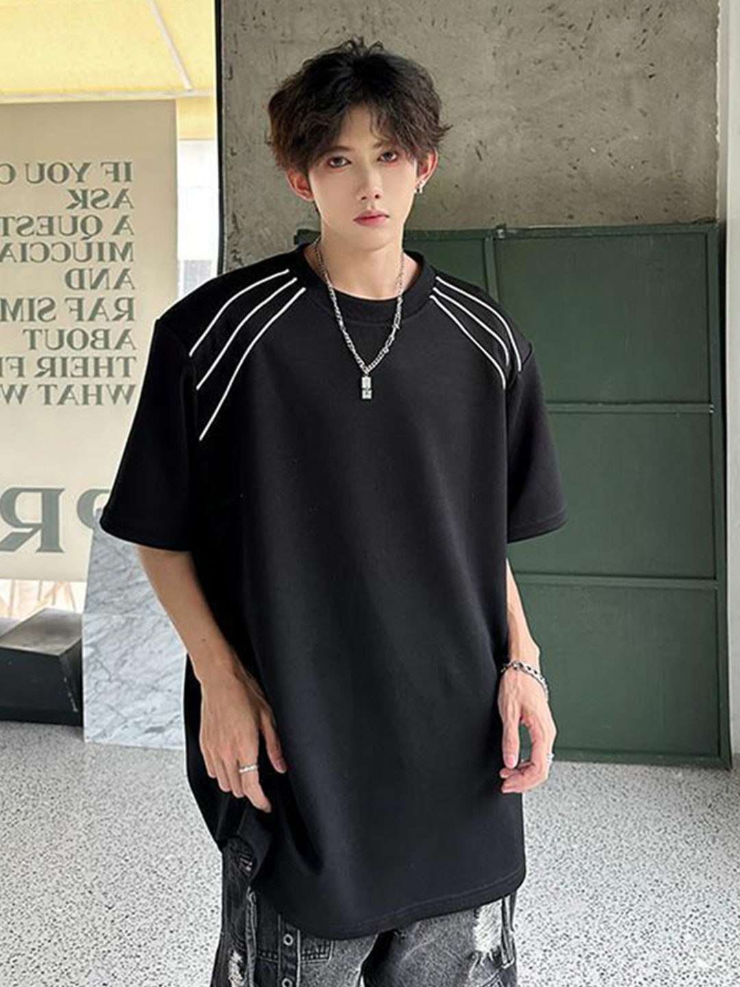 

StyleCast x Revolte Men Striped Round Neck Cotton Oversized T-shirt, Black
