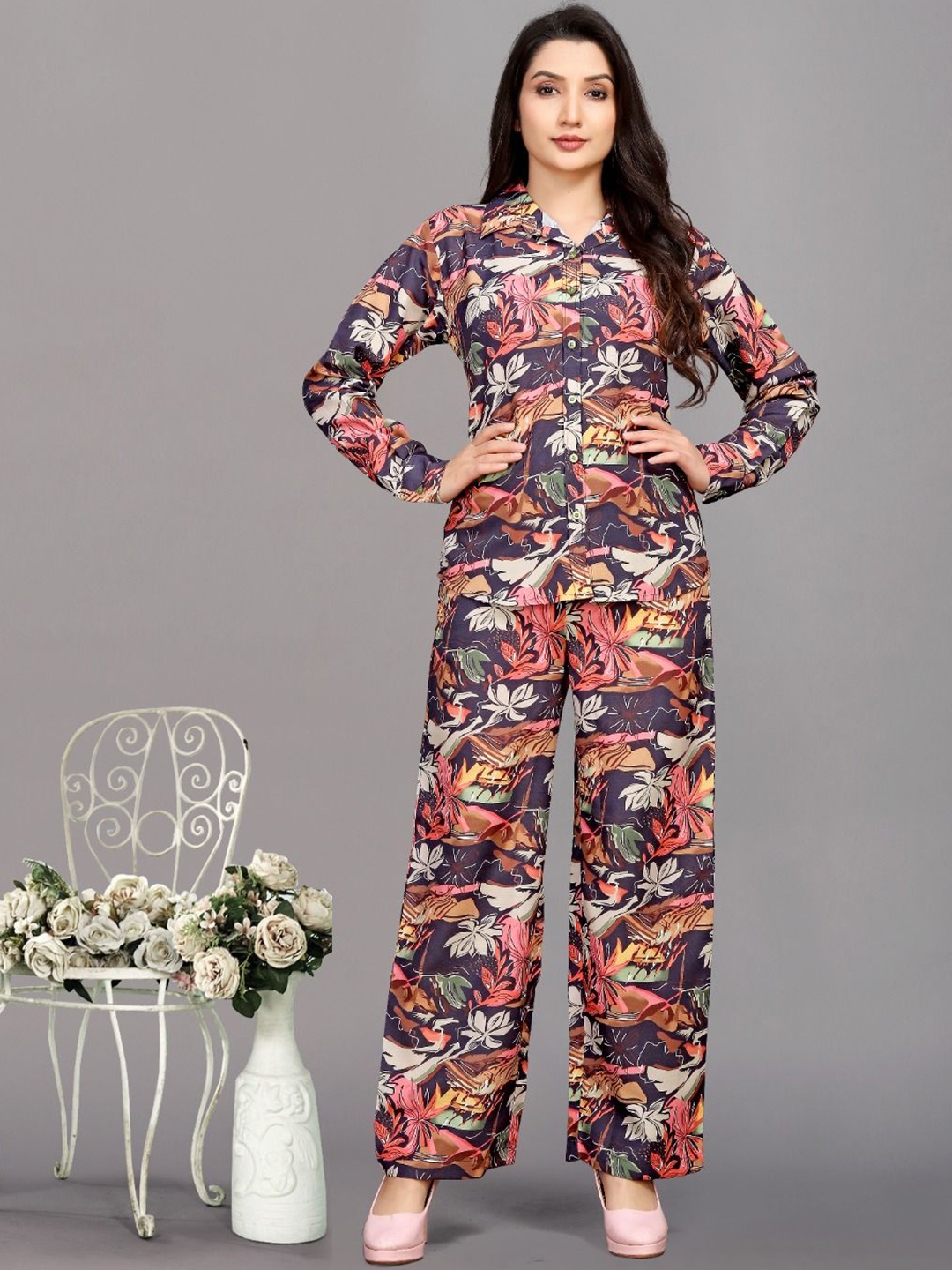 

Snowdrip Printed Shirt Collar Shirt With Trousers Co-Ords, Black