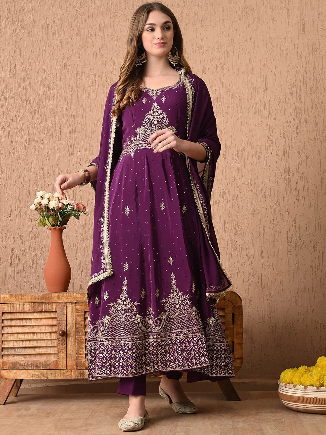 

ZARIKALI Women Floral Embroidered Angrakha Silk Crepe Kurta with Trousers & With Dupatta, Maroon