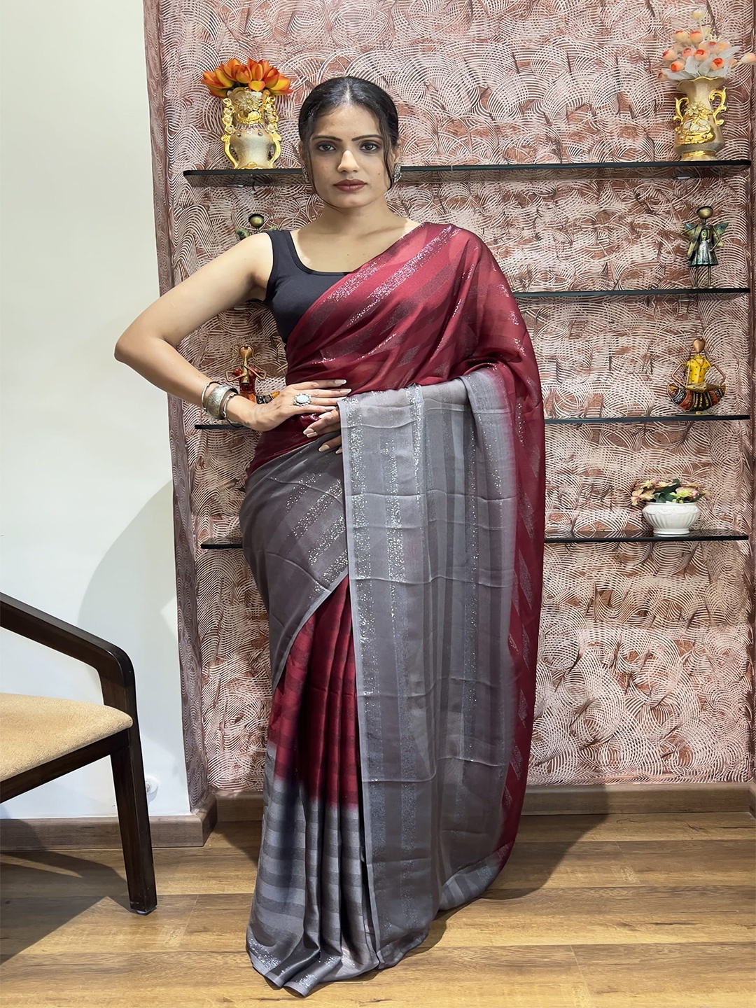 

HERE&NOW Pure Chiffon Ready to Wear Jamdani Saree, Maroon