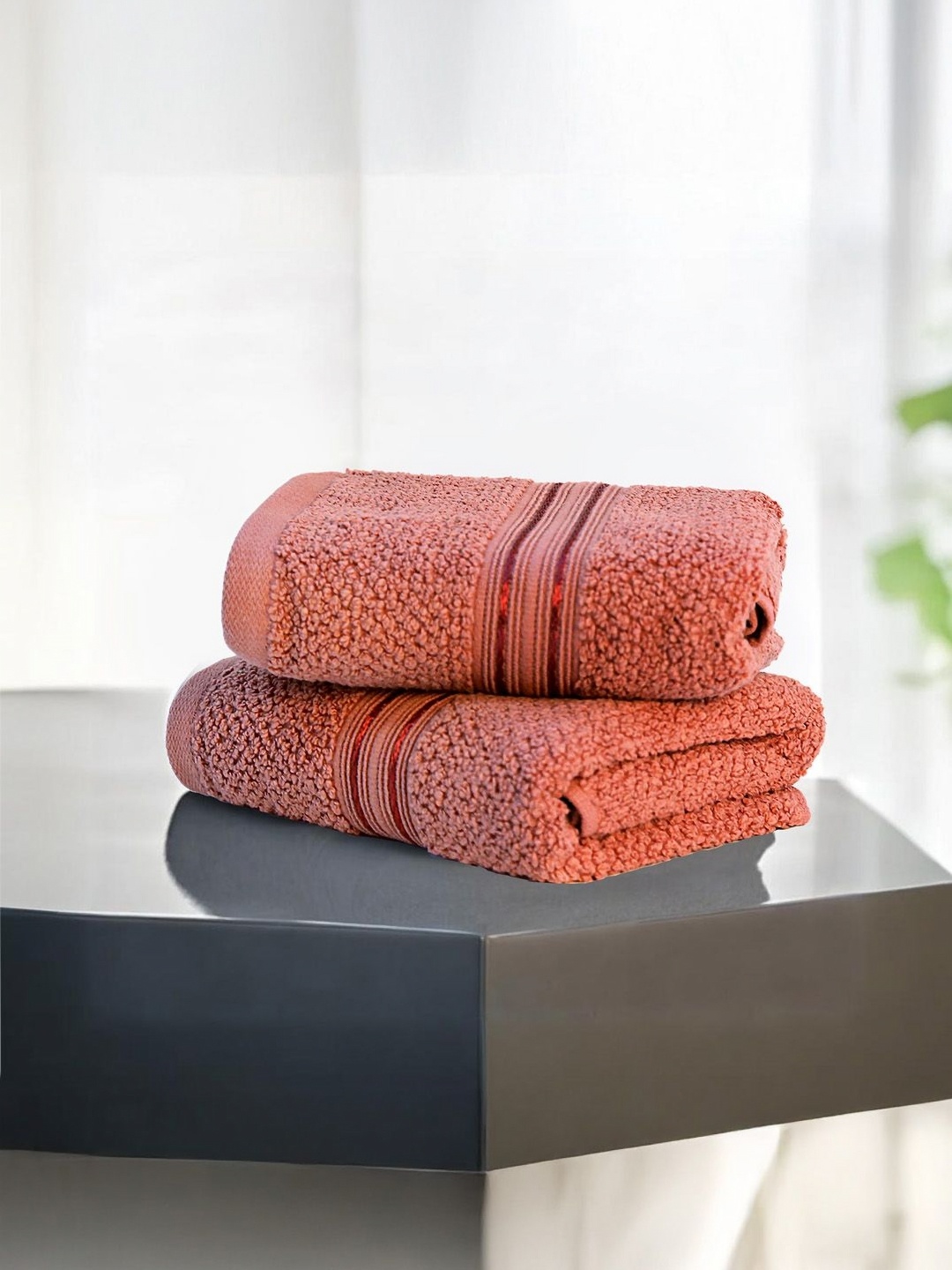 

LANE LINEN 2Pcs Brown Textured 575 GSM Pure Cotton Hand Towels