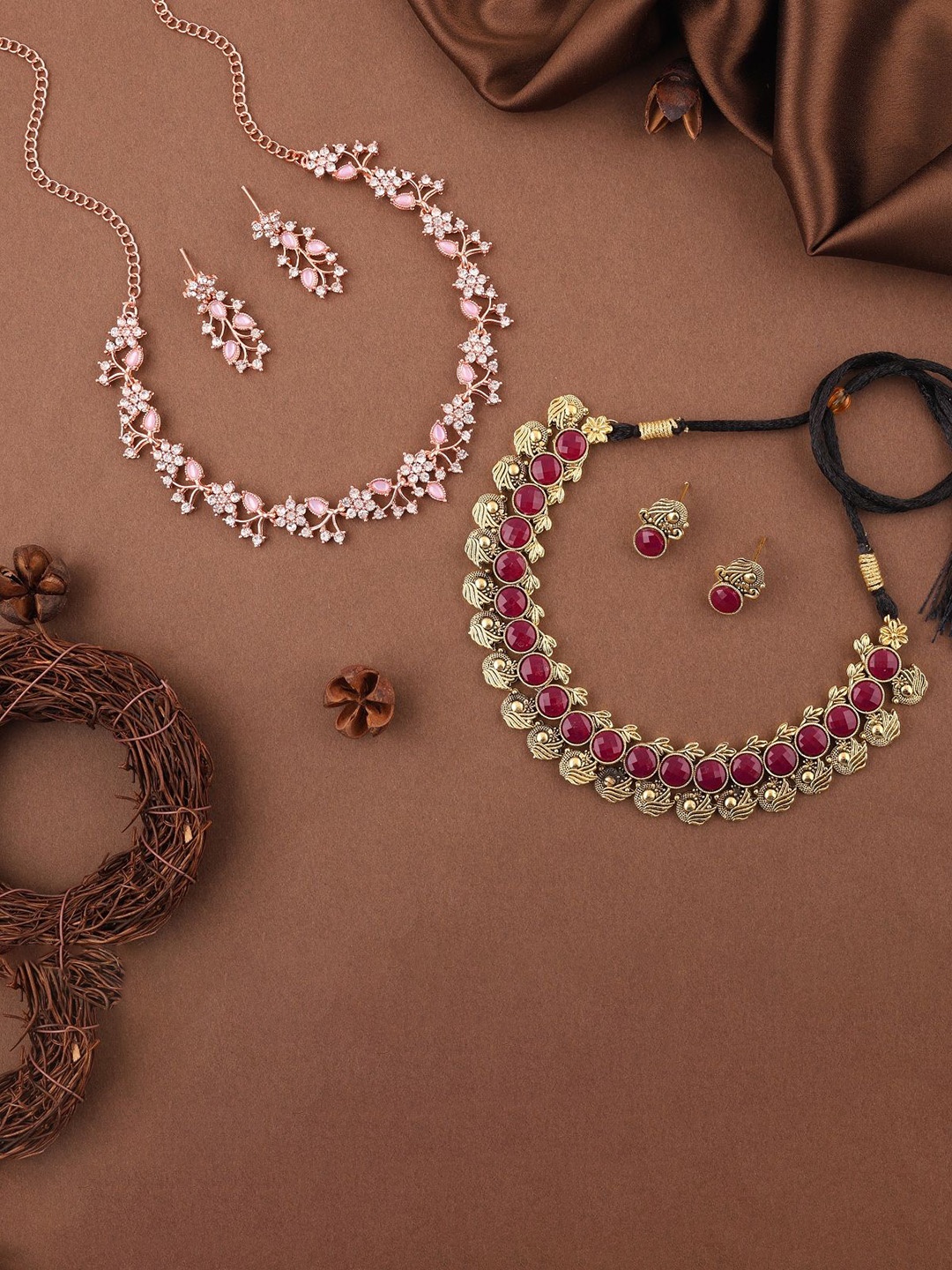 

Lyriss Set Of 2 Gold & Rose Gold Plated AD Stone Studded Jewellery Sets