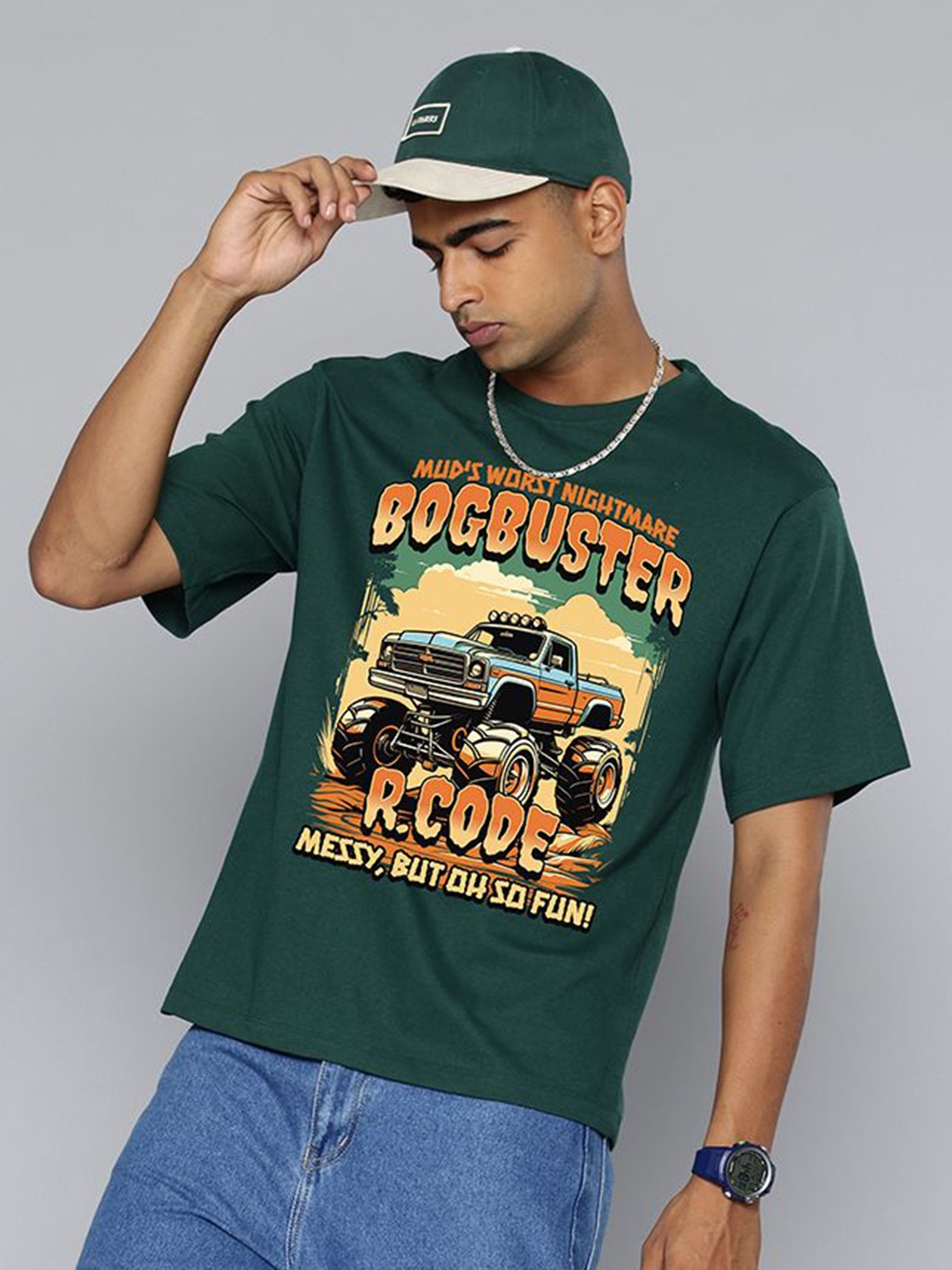 

R.Code by The Roadster Life Co. Men Typography Printed Applique T-shirt, Green