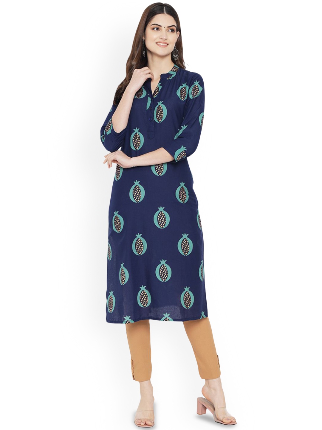 

Moda Rapido Geometric Printed Mandarin Collar Cotton Straight Kurta, Navy blue