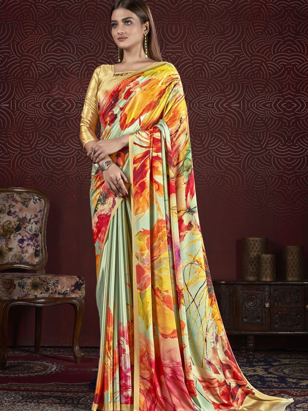 

Suha Floral Poly Crepe Saree, Green