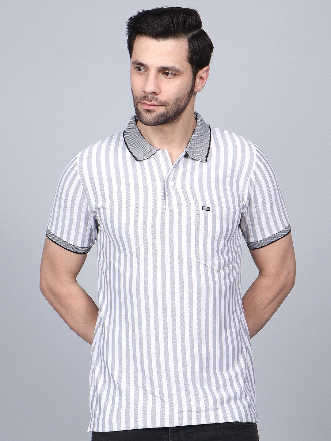 

Fitcore Men Dri-FIT Striped Polo Collar T-shirt, Grey