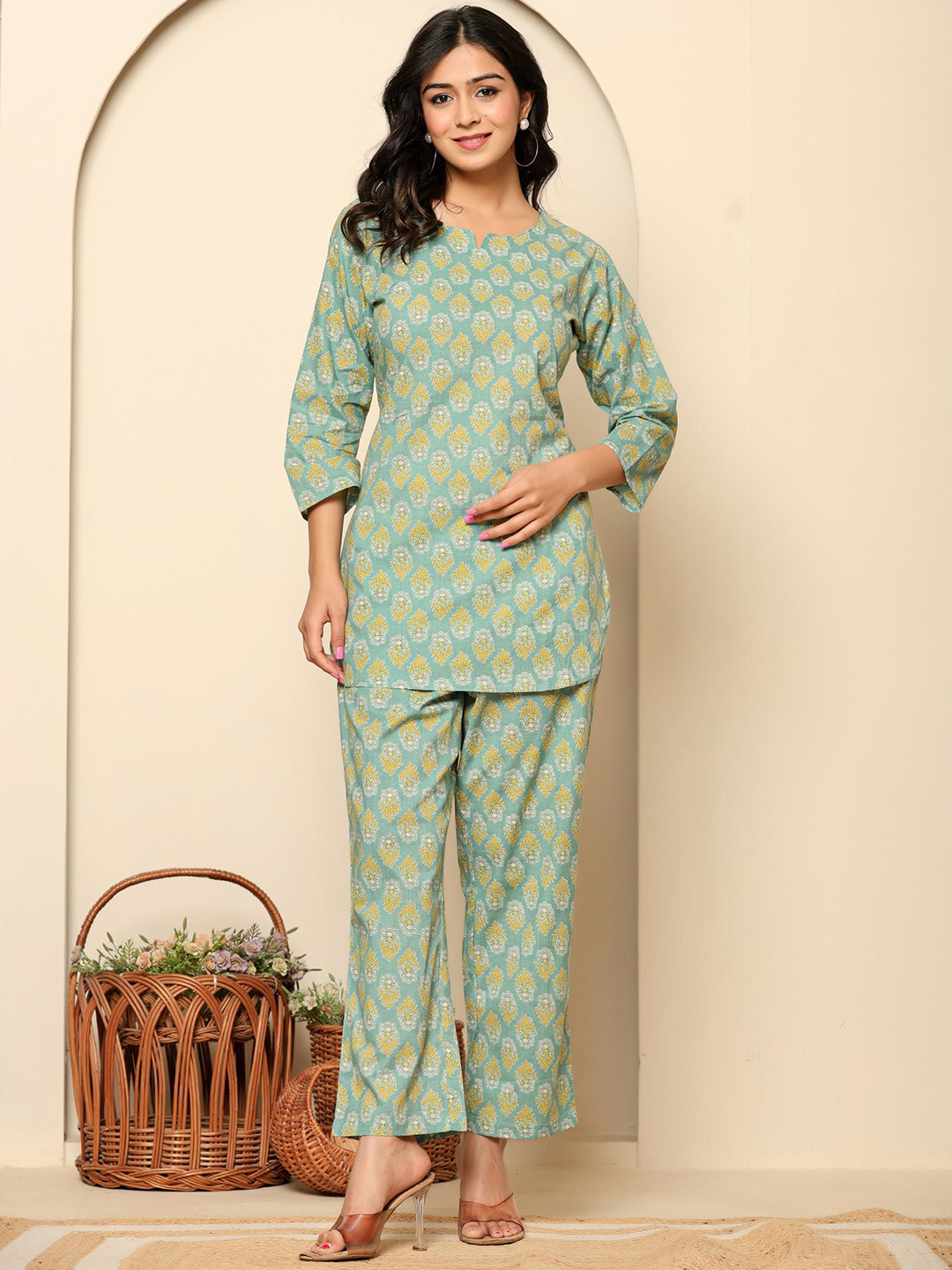 

Rouhab Printed Pure Cotton Top With Trousers Co-Ords, Green
